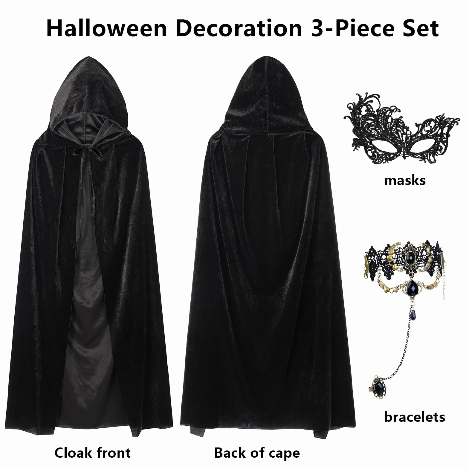 3-częściowy zestaw czarnych peleryn z kapturem, 140/150/170 cm, peleryna na Halloween, aksamitna peleryna z maską i gotyckim łańcuszkiem na palec, wampira, wampir, kostium wampira, na imprezę