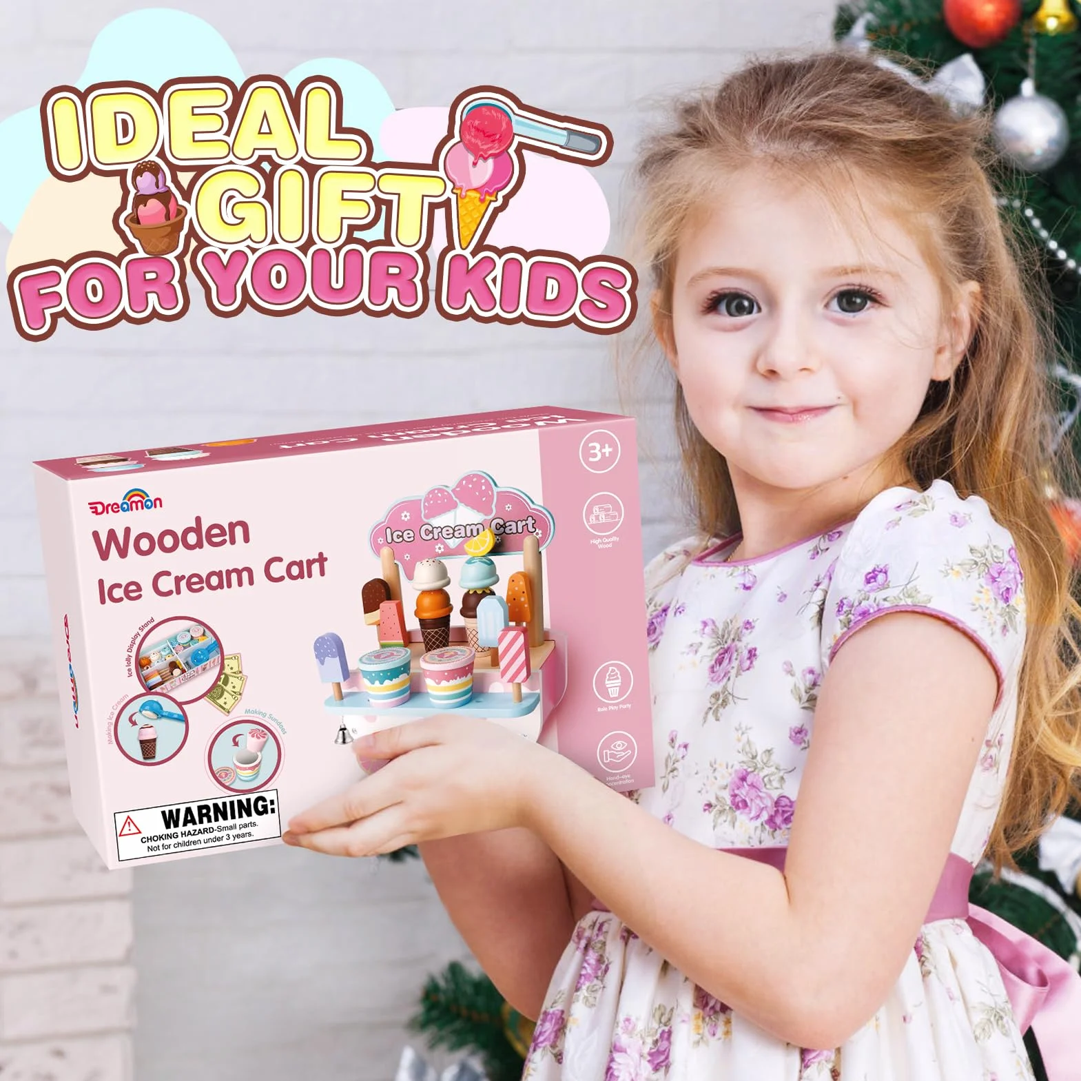 Dreamon Lodziarnia drewniana zabawka dla dzieci w wieku od 3, 4, 5 lat, drewniana zabawka do zabawy, akcesoria do zabawy, sklep z drewnem, dla dzieci, wózek do lodów, zabawka na prezent dla chłopców i