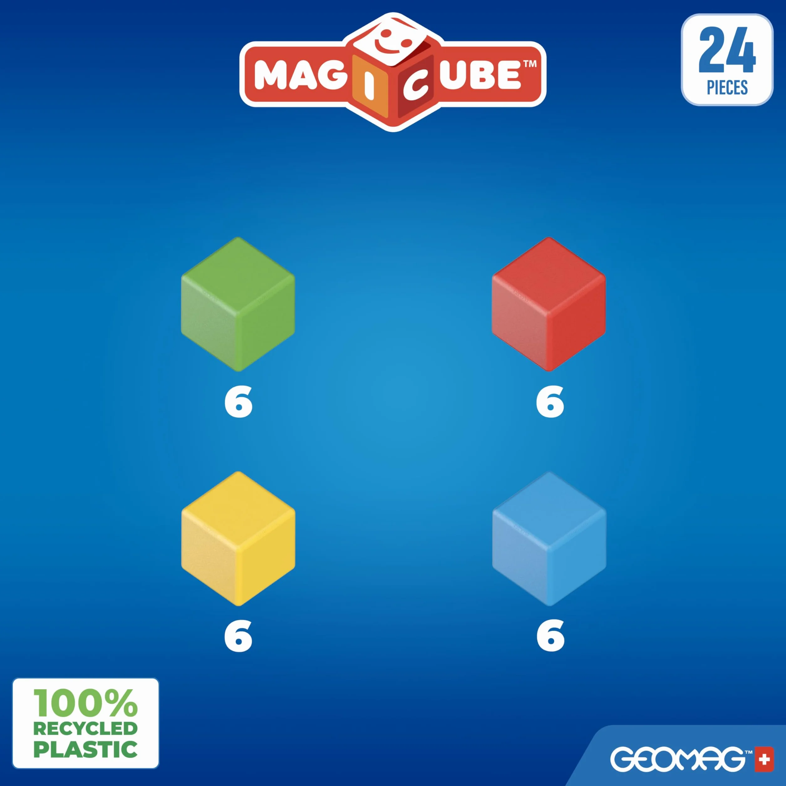 Geomag- Magicube Magnetic Construction for Kids Green Line 100% plastik z recyklingu, 24 kostki, 56, wielokolorowy