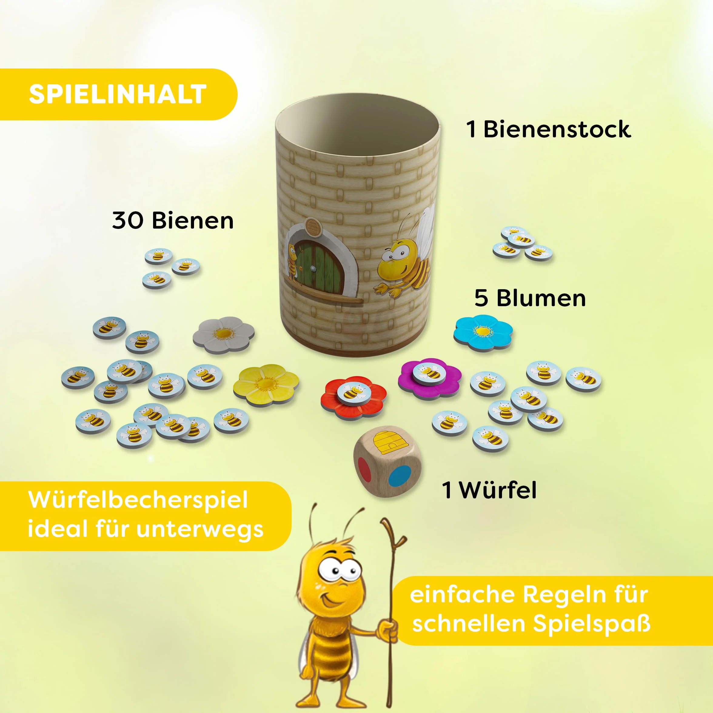 HABA Bella Bee 2010885001 kolorowa gra w kubki w kości od 4 lat – działa jak 6 zwycięstw – proste zasady dla szybkiej zabawy – idealna na urlop