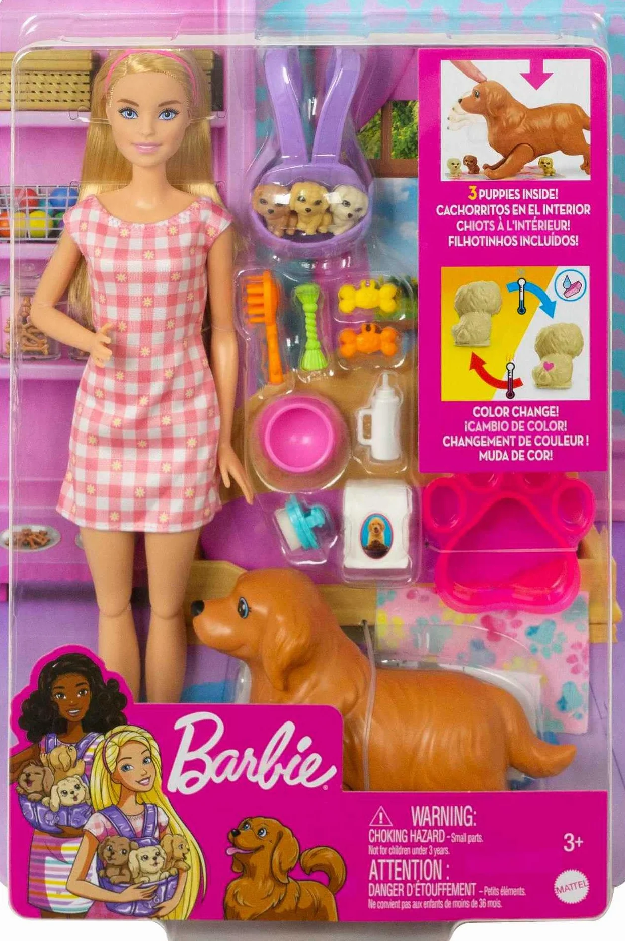 Barbie Narodziny piesków Zestaw do zabawy z lalką Barbie blondynką (29 cm), psią mamą z funkcją, 3 szczeniaczkami i akcesoriami do opieki, prezent dla dzieci od 3 do 7 lat, HCK75