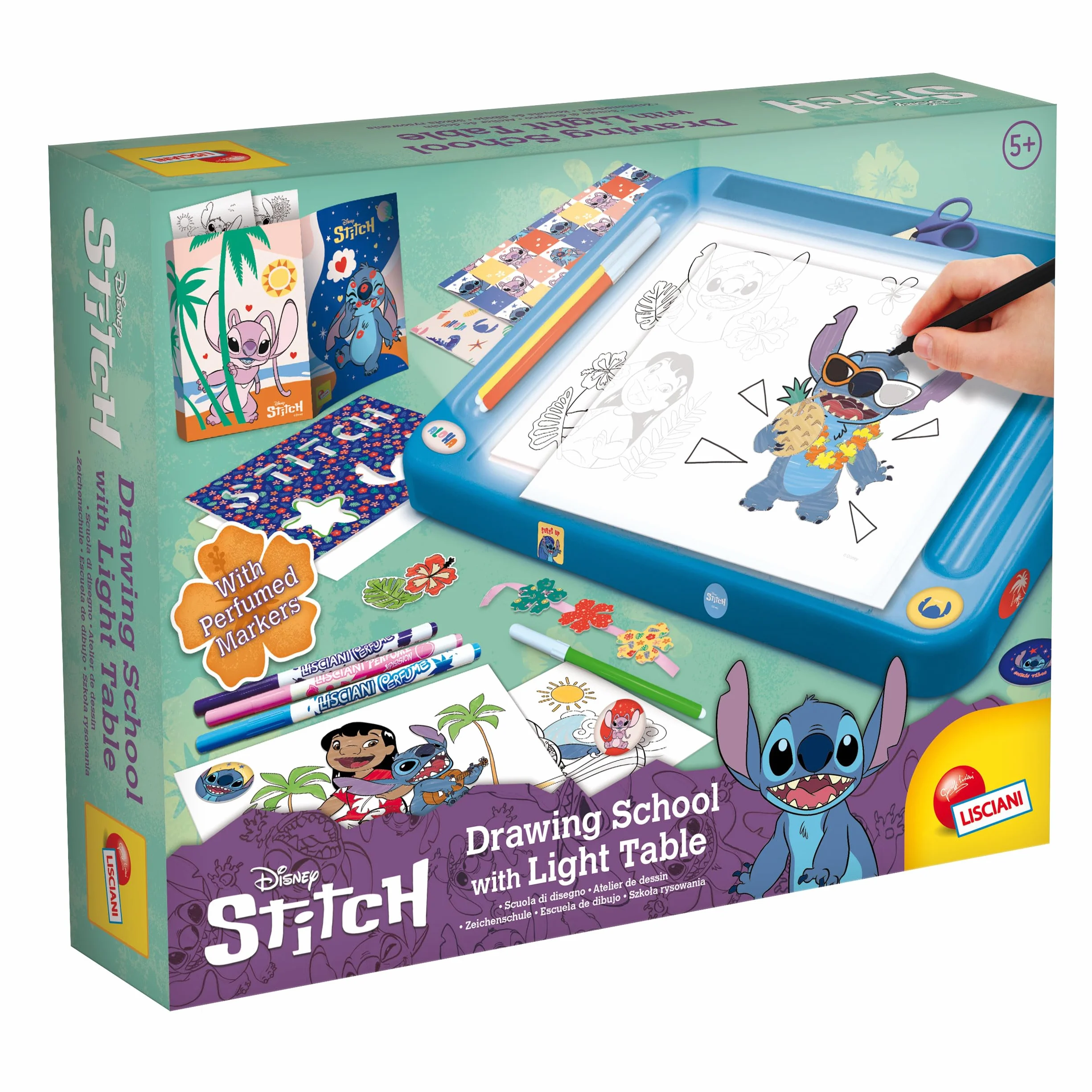 Liscianigiochi Lisciani Disney Stitch - szkoła rysowania projekcyjnego dla dzieci od 5 lat - naucz się rysować ściegiem na lekkim stole A4 - zawiera szablony, naklejki, filc zapachowy i nie tylko