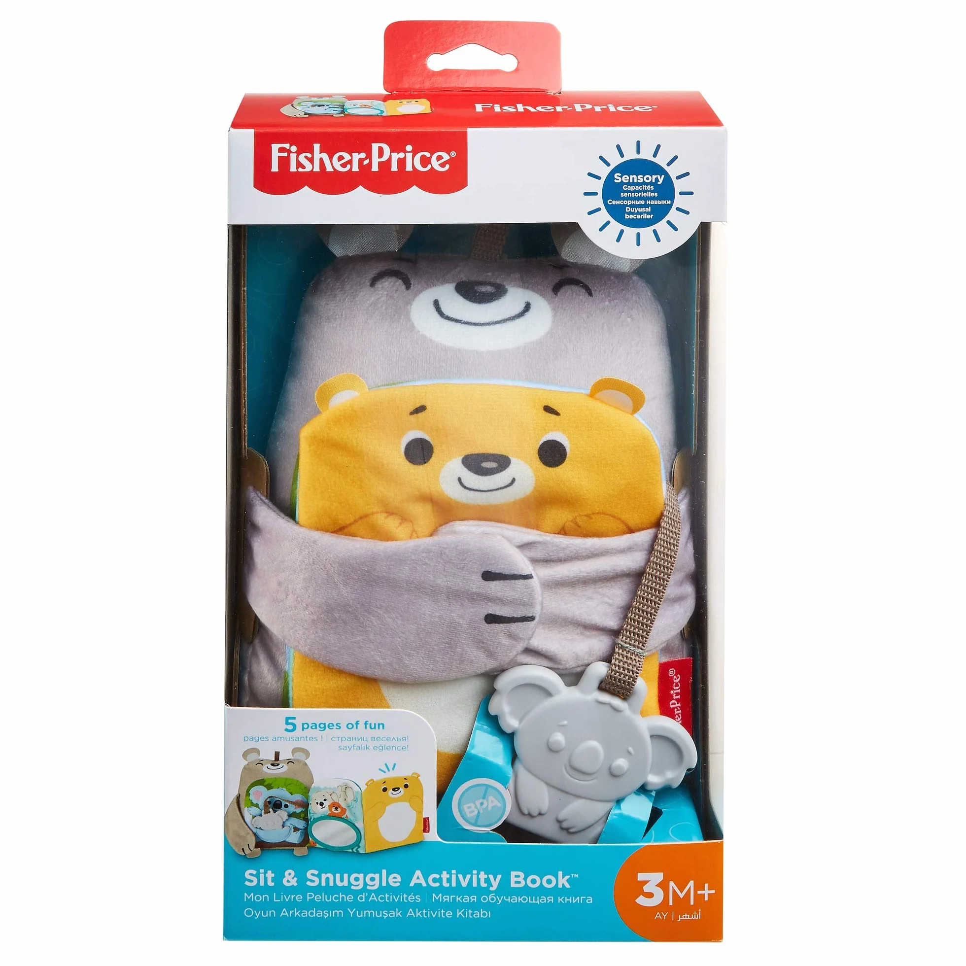 Fisher-Price Miękkie zwierzątka – Książeczka aktywizująca, milutki miś + miękka książeczka sensoryczna (lusterko i gryzaczek), dla dzieci powyżej 3 miesiąca życia, GJD37