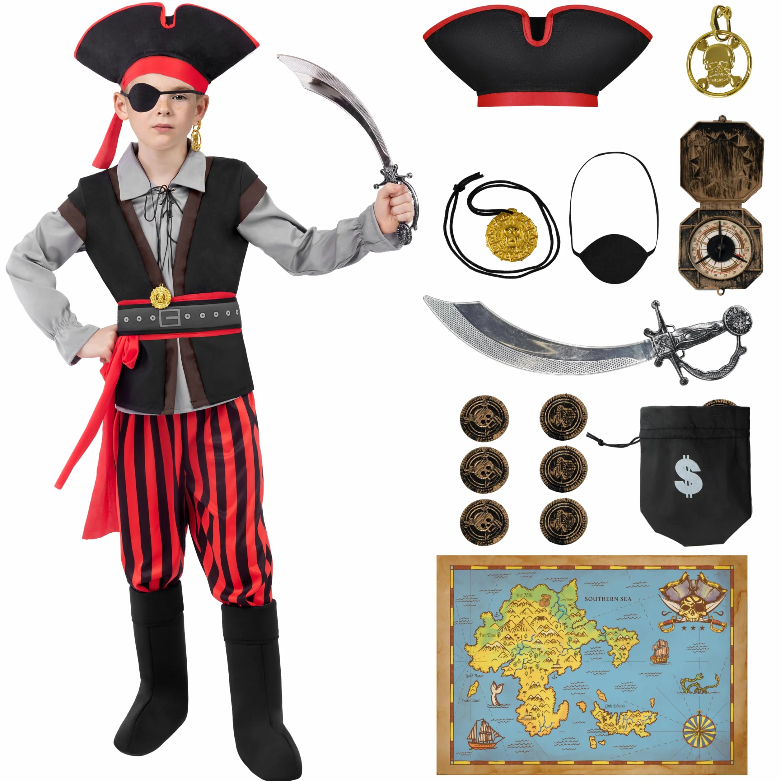 Spooktacular Creations Kostium pirata dla chłopców, kostium pirata dla chłopców, kostium pirata dla dzieci z akcesoriami do piratów do odgrywania ról na Halloween (mały (5-7 lat))