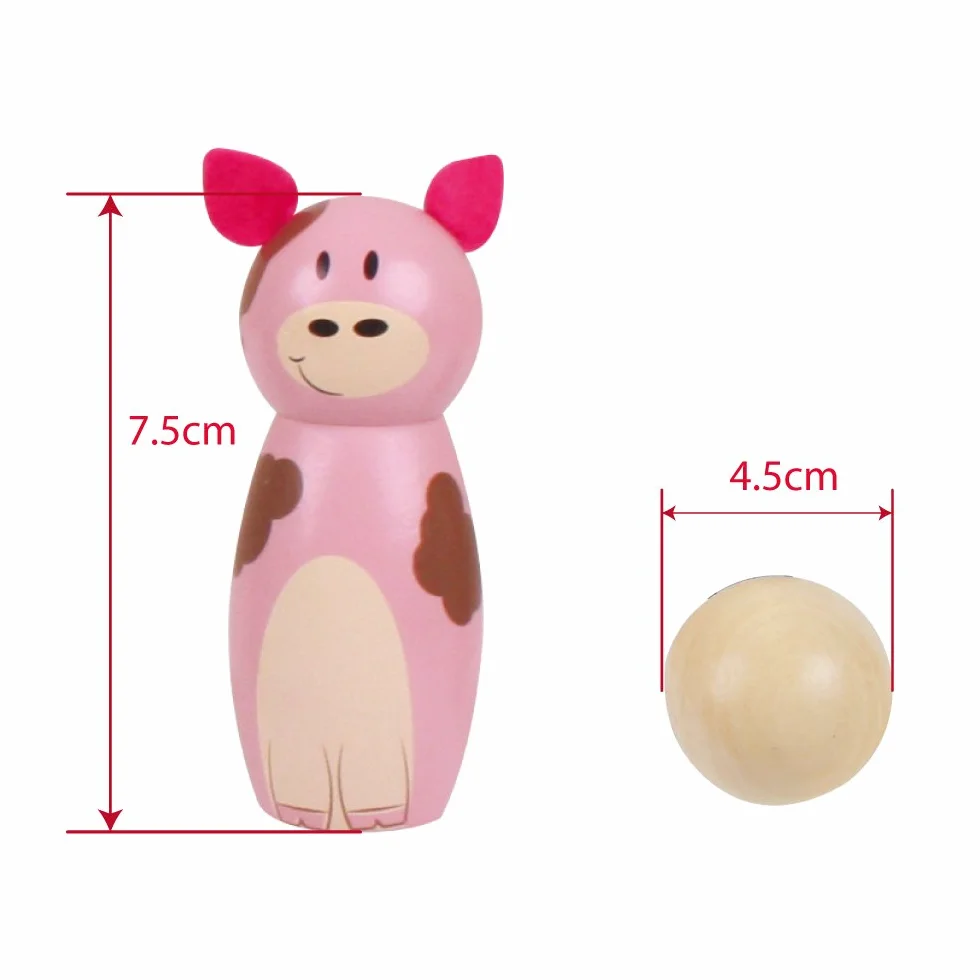Bigjigs Toys Farm Wooden Skittles - Wooden Skittles for Toddlers with 6 Animal Skittles & 1 Bowling Ball, Educational Toy & Gifts for Kids aged 2 years +