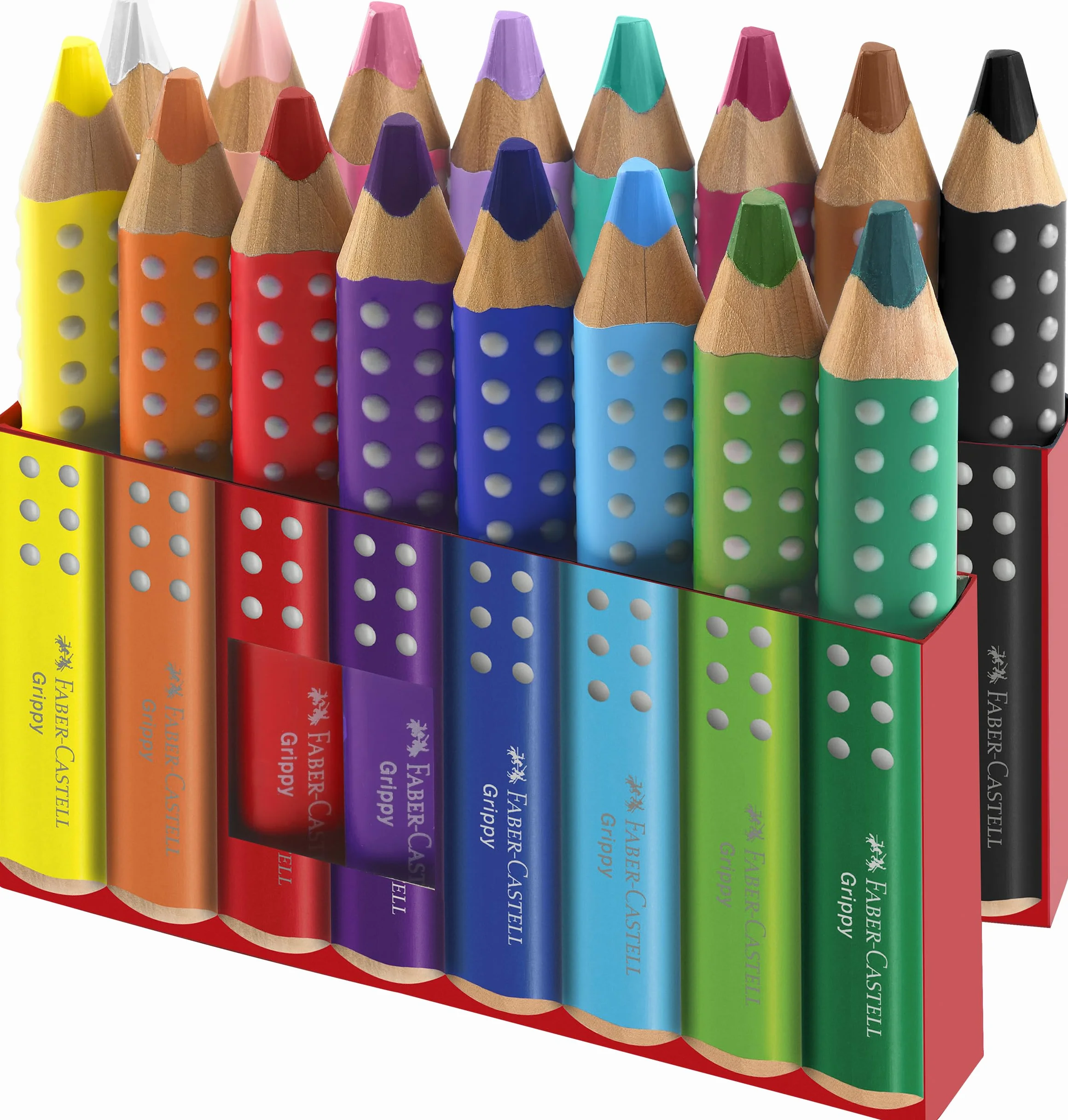 FABER-CASTELL 110645 Grippy zestaw 16 kredek Jumbo dla małych dzieci, łatwe do zmywania kredki dla dzieci, ergonomiczny trójkątny kształt, grube kredki, wkład o grubości 10 mm, temperówka w zestawie