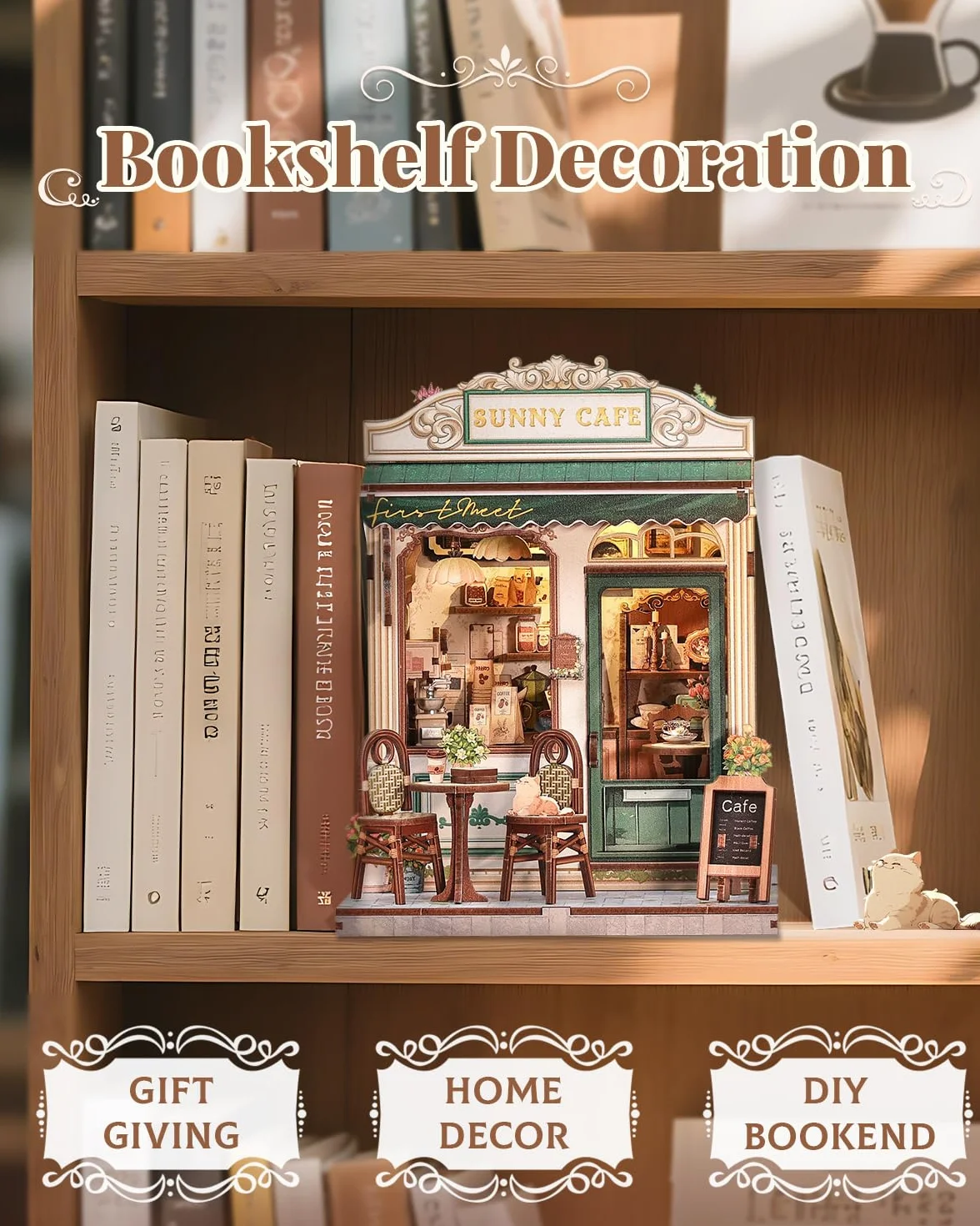 CUTEBEE Book Nook Kit-DIY Domek Dla Lalek,Drewniana Zakładka 3D w Stylu Vintage Biel & Zieleń,Dekoracja na Półkę,Prezent dla Dorosłych (Sunny cafe)