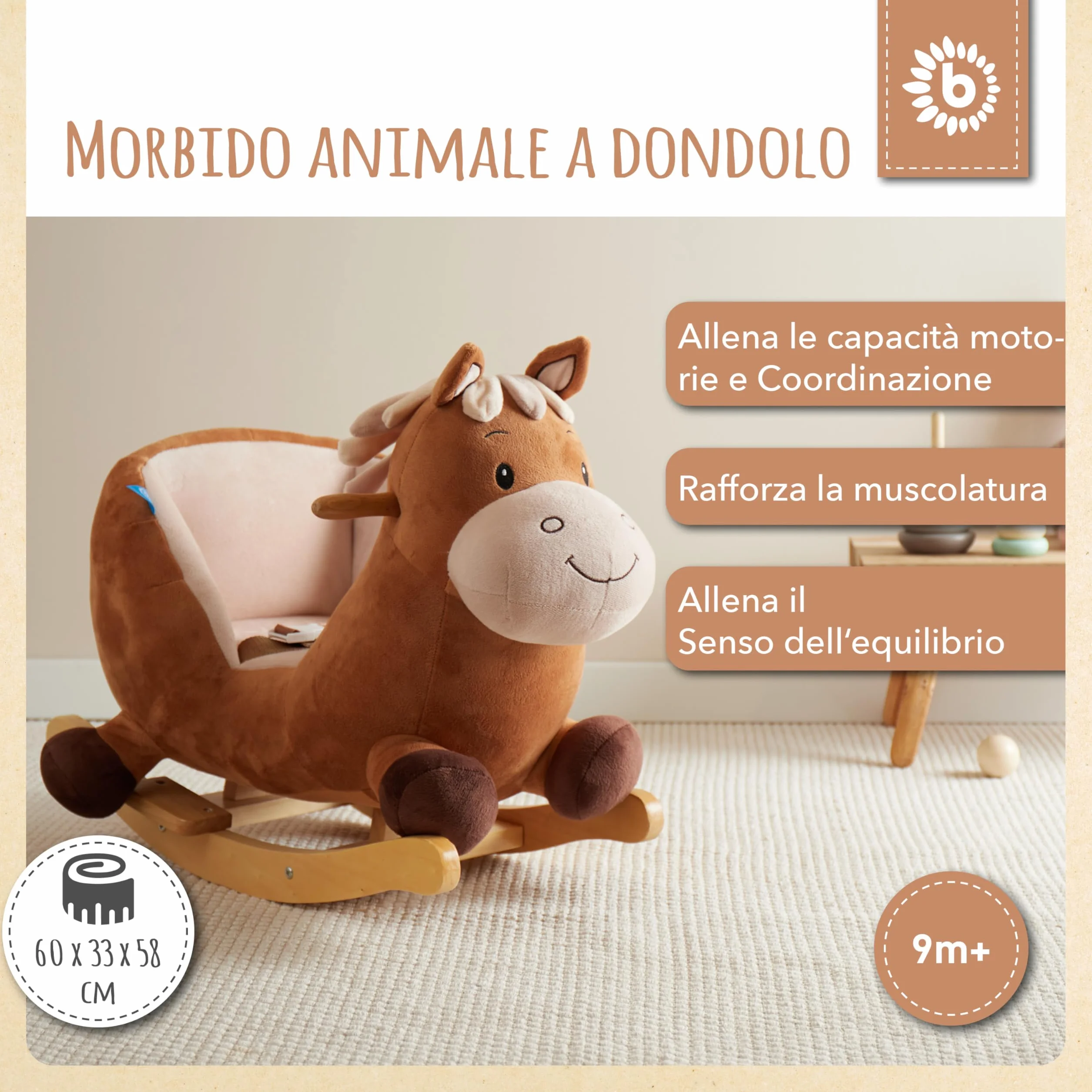 Bieco Calimero pluszowy zwierzak na biegunach, 60 cm, fotel bujany dla dzieci, z paskiem bezpieczeństwa, huśtawka dla niemowląt, huśtawka dla małych dzieci, huśtawka na biegunach, dla dzieci od 9 miesięcy
