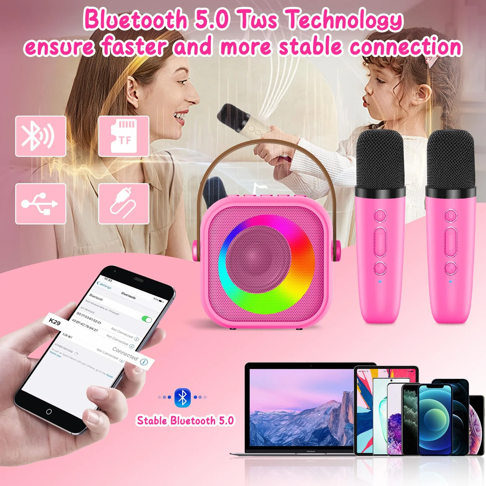 Maszyna do karaoke dla dzieci z 2 mikrofonami, mini mikrofon bezprzewodowy do karaoke, przenośny głośnik Bluetooth ze światłami LED, prezent dla dziewcząt i chłopców