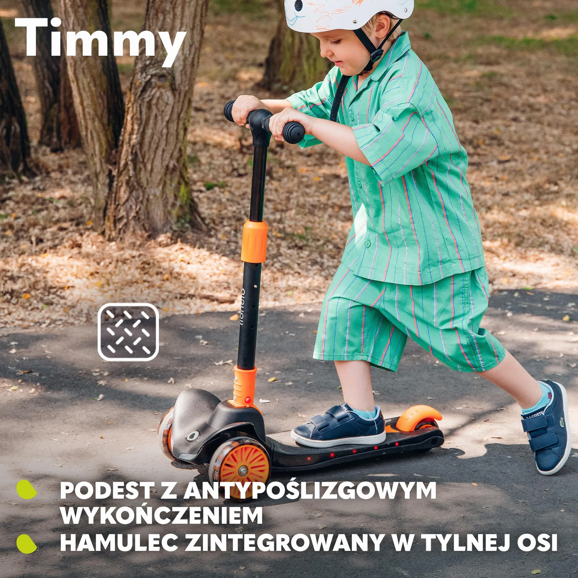 LIONELO TIMMY Hulajnoga Balansowa dla Dzieci od 3 roku życia do 50 kg, Trójkołowa Hulajnoga Dziecięca z Regulacją Wysokości, Antypoślizgowy Podest, Hamulec, Koła i Podest LED (Pomarańczowy)
