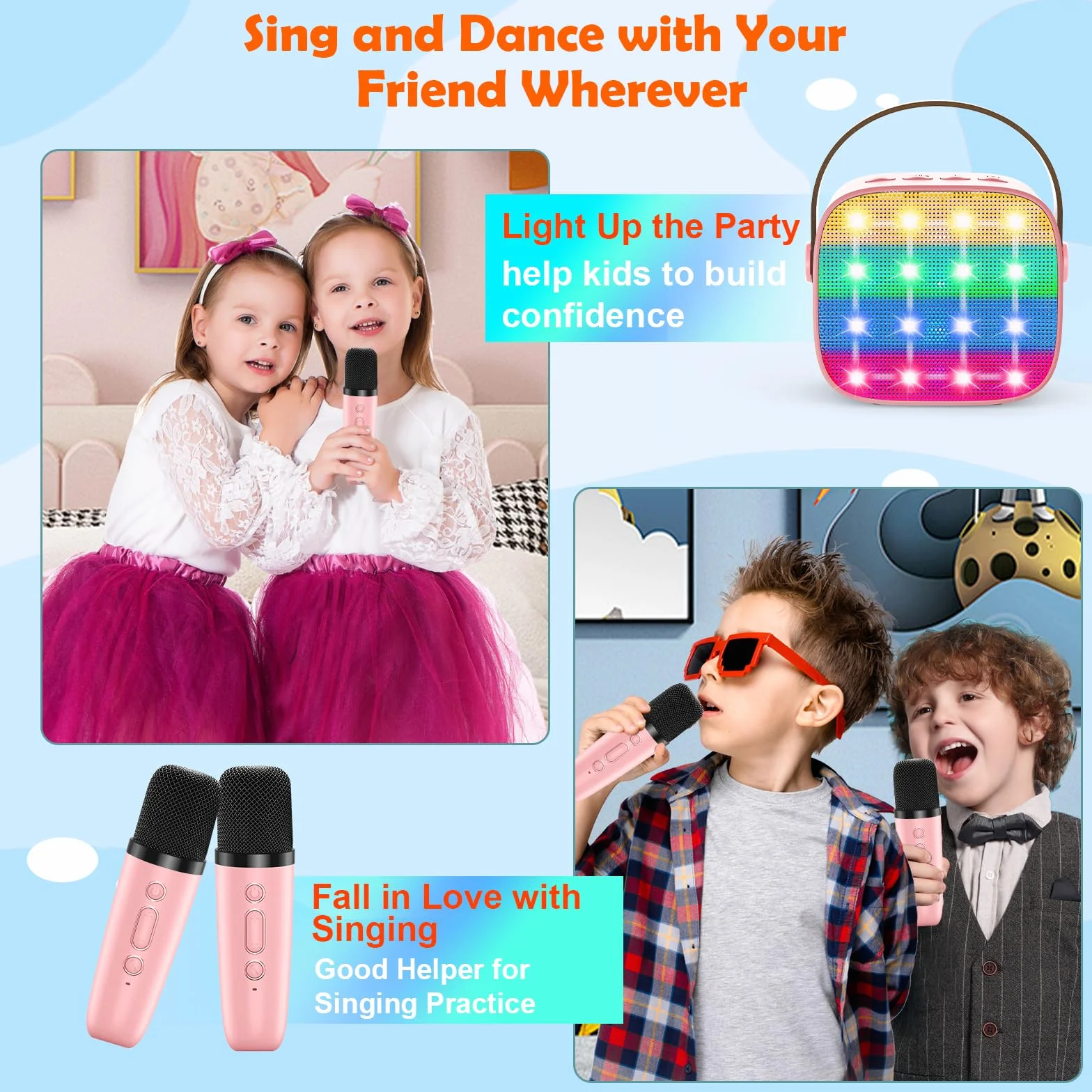 Maszyna do karaoke dla dzieci z 2 mikrofonami Bluetooth przenośny głośnik efekty głosowe diody LED