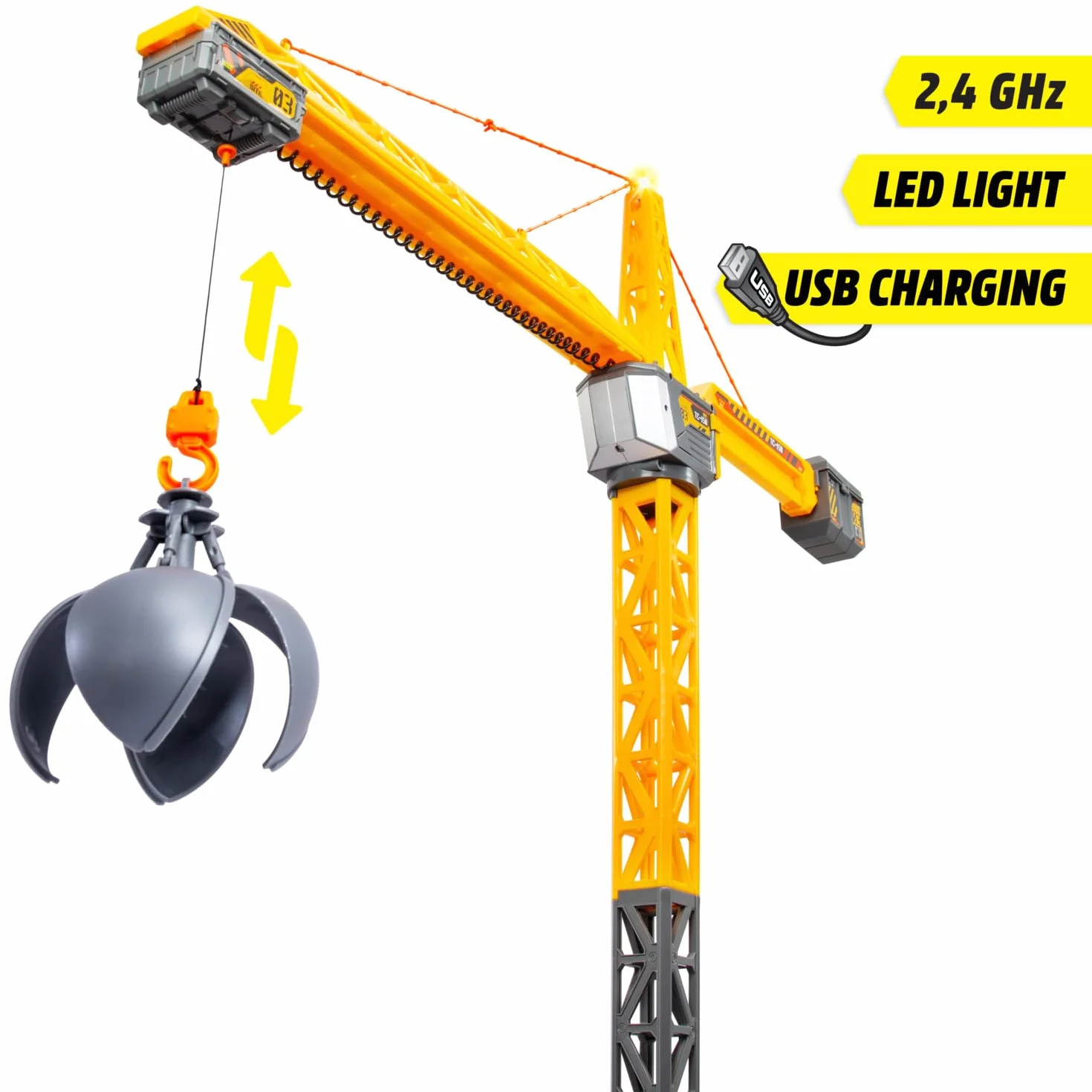 Dickie Toys 203729023 Dźwig Zdalnie sterowany radiowo 2,4GHz;obrót 360°;światło; akcesoria: wiaderko, taca, otwierana kula. Wysokość: 150 cm.