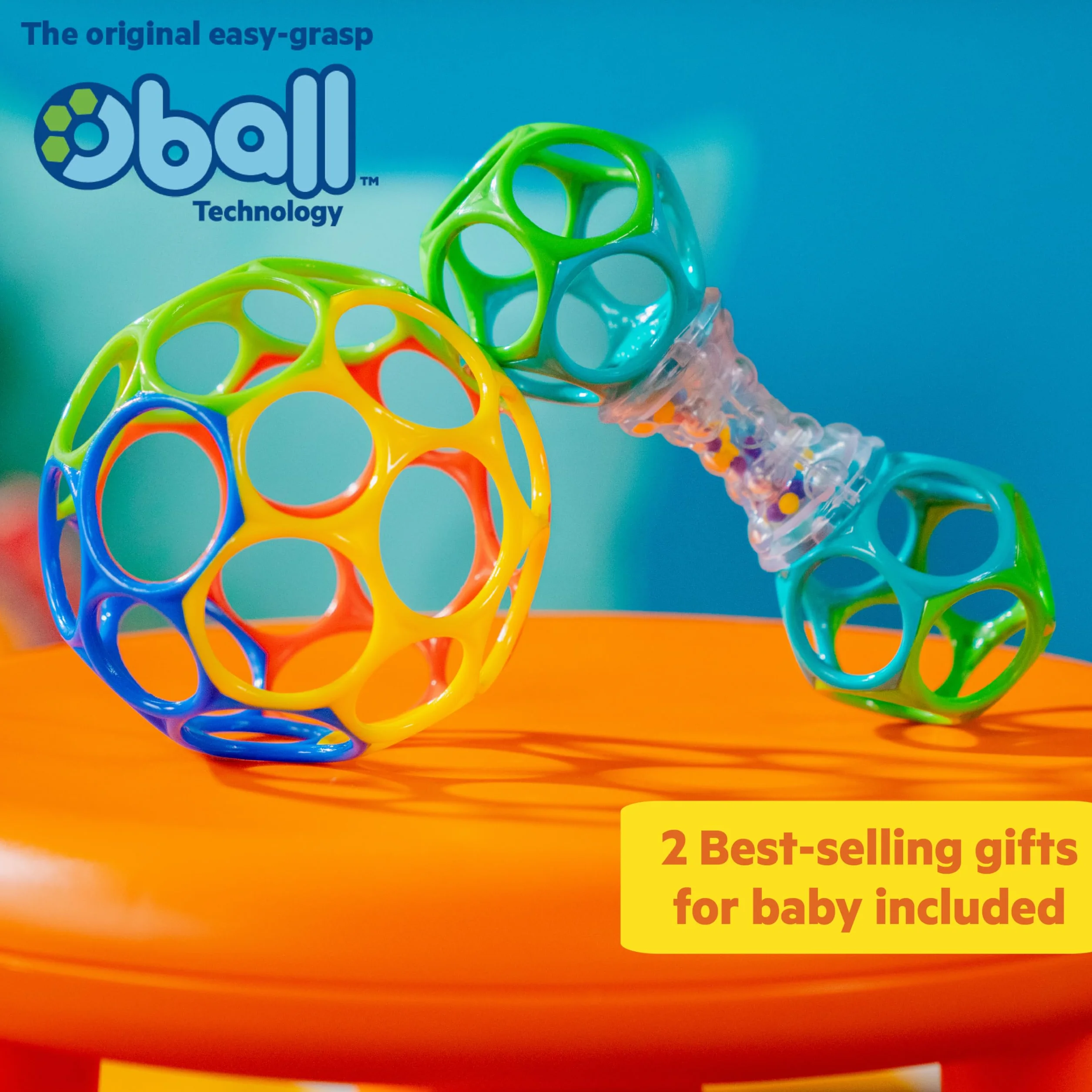Bright Starts Easy-Grasp Oball Bundle zestaw prezentowy – Grasp the Day, piłka i grzechotka - zestaw 2 sztuk, nie zawiera BPA, unisex, nowożeńcy +