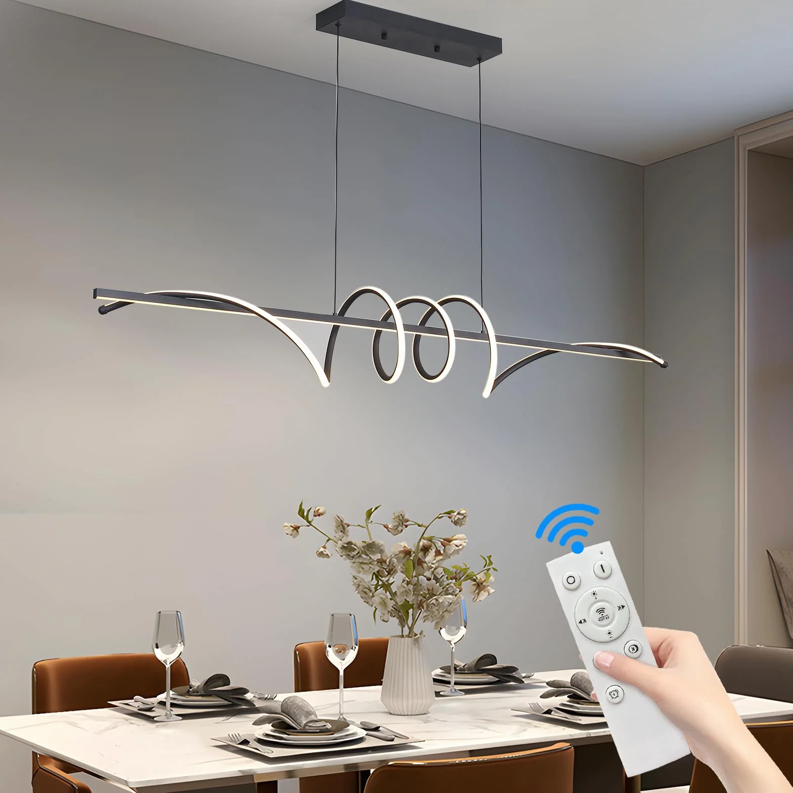 Mikeru Nowoczesna lampa LED, 150 cm, spiralne wiszące z funkcją pamięci, czarna LED do jadalni, 10-100%, 3000 K/4500 K/6000 K, do kuchni, wnętrz