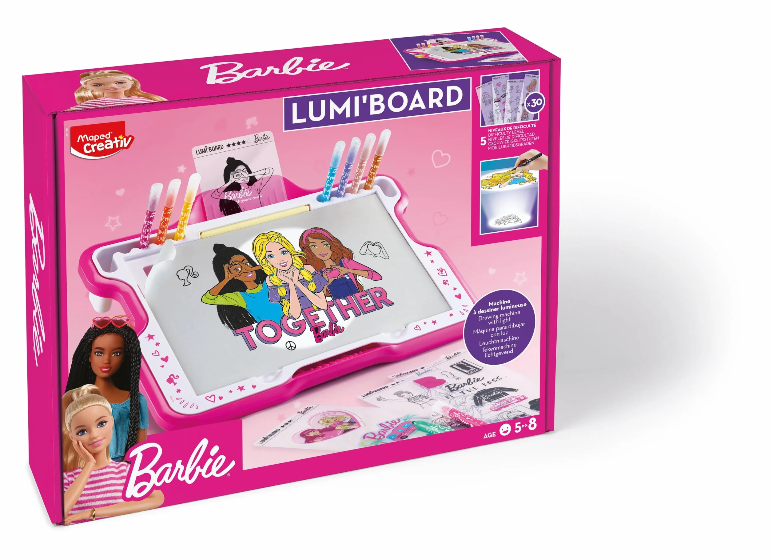 Maped Creativ - Barbie Lumi Board - Stół do rysowania ze światłem - Kolekcja Creativ - 30 szablonów Barbie - Zawiera osłonę słoneczną i markery - od 5 lat