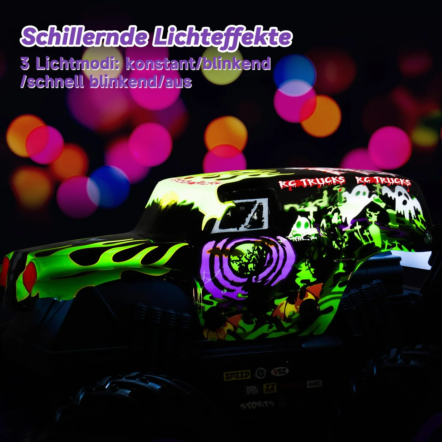 Monster Truck zdalnie sterowany, 20 km/h, Monster Truck ze światłem i muzyką, 2,4 GHz zdalnie sterowany samochód z obrotem 360°, 1/20 Monstertruck z 100 min, 3 4 5 6 7 8 lat chłopiec