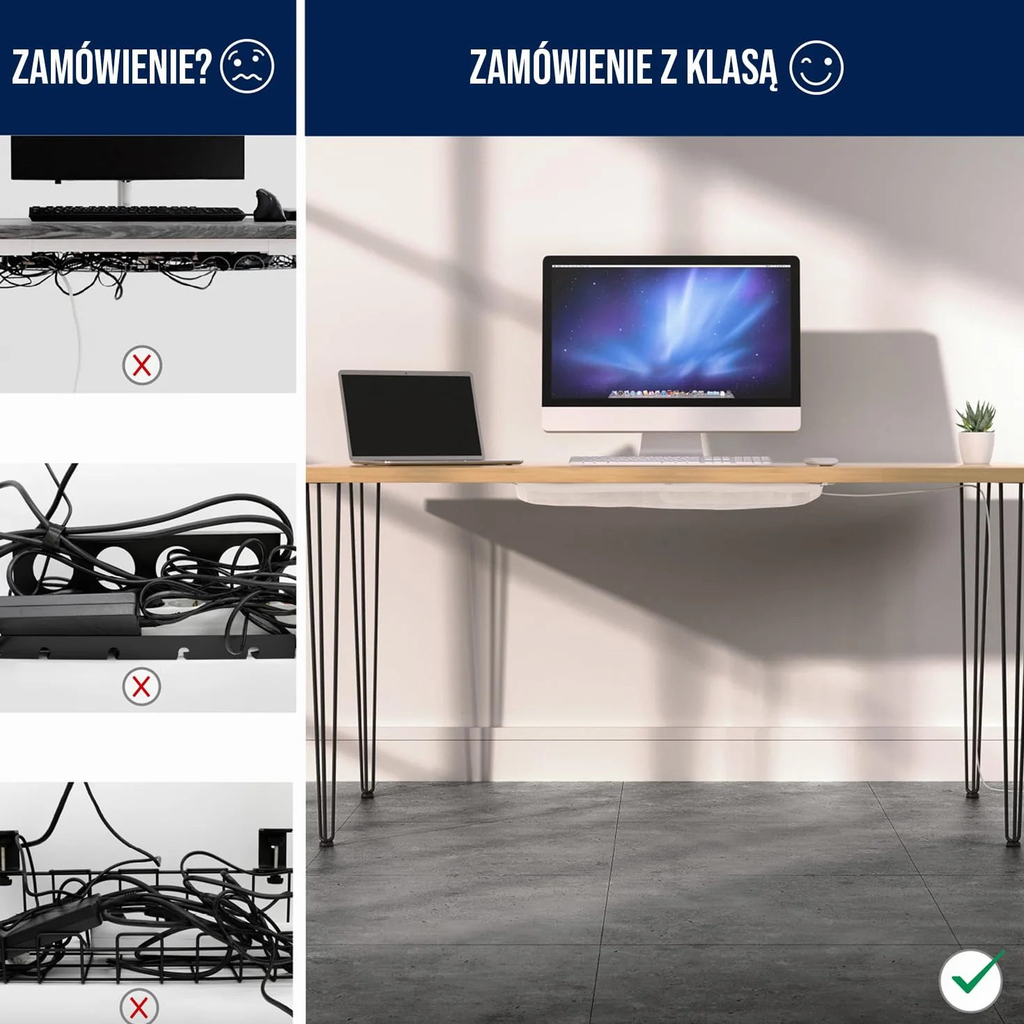 Korytko kablowe pod biurko - elastyczne zarządzanie kablami pod biurkiem białe - wreszcie porządek na biurku - siatka kablowa biała do zarządzania kablami pod biurkiem - Ultimate Setup