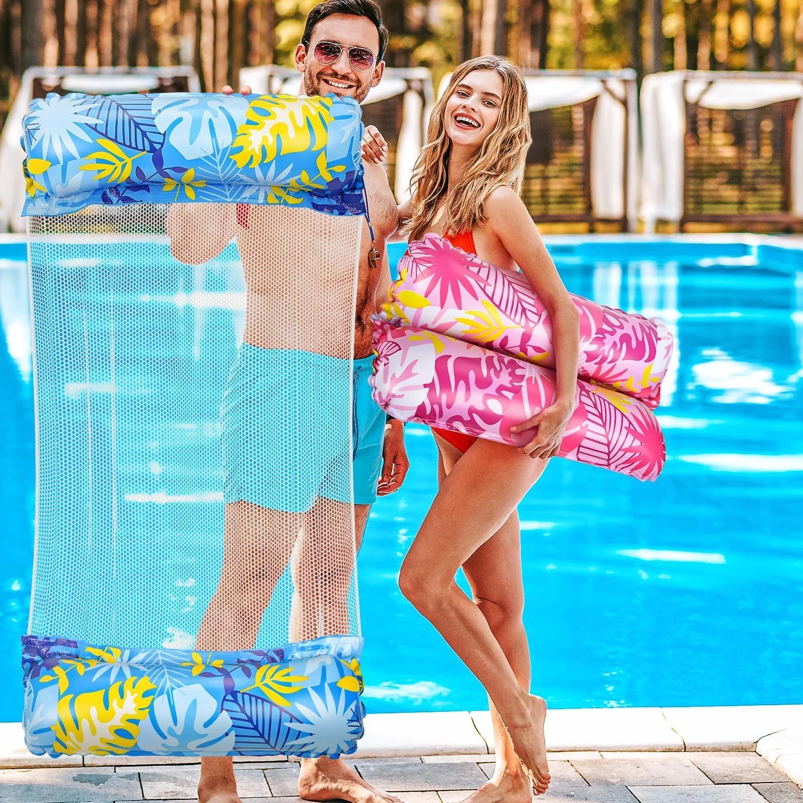 Elidepe Materac dmuchany do basenu, 4 w 1, hamak wodny, 2 sztuki, zabawkowy materac dmuchany, akcesoria do basenu dla dorosłych sprawiają radość, materac dmuchany XL, materac, mata do pływania (niebieski i różowy)