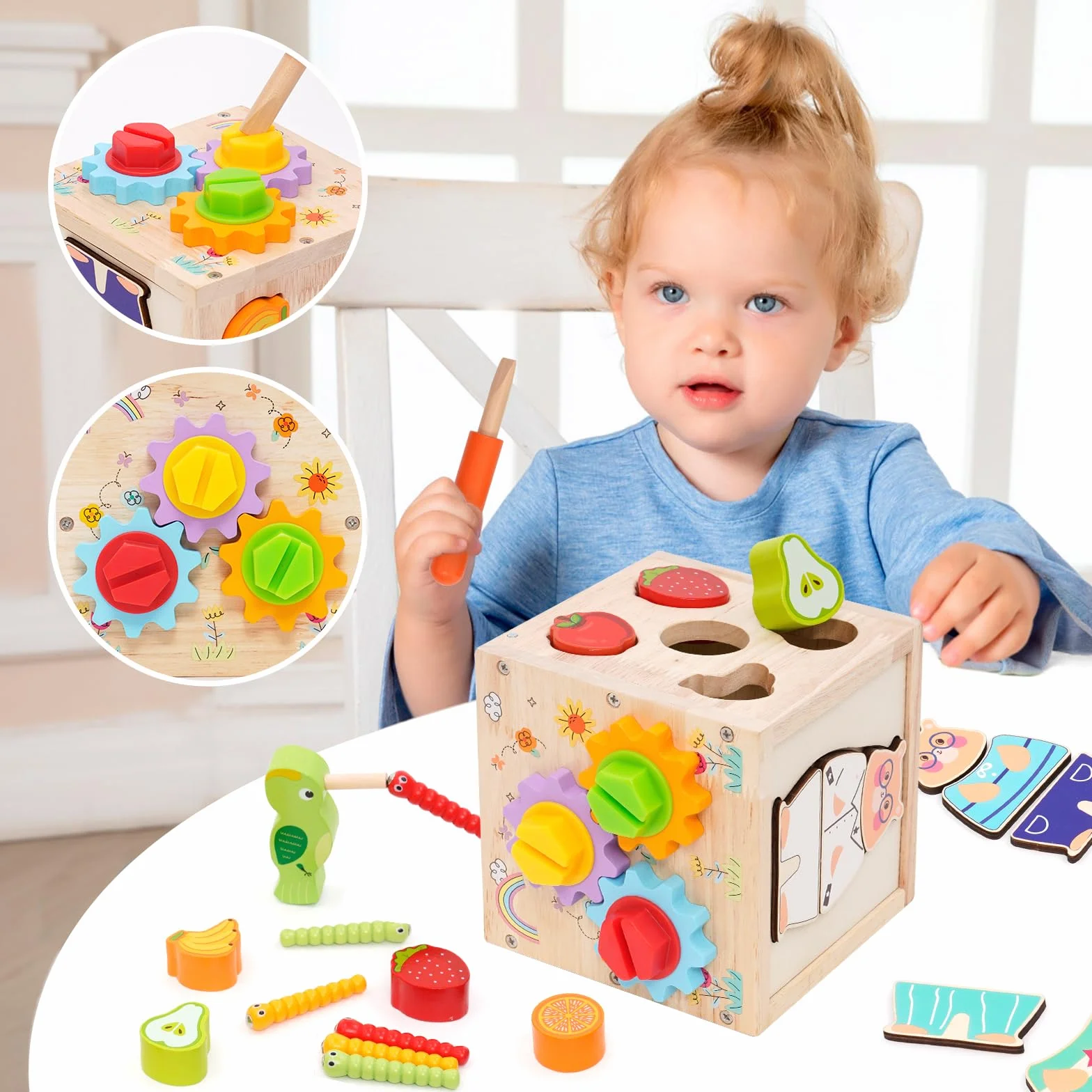 5 w 1Montessori kostka motoryczna, kostka aktywności, zawiera kostki do przyporządkowania kształtów, zbieranie marchwi, łapanie owadów, koła zębate, drewniane kostki, zabawki do wczesnego rozwoju i