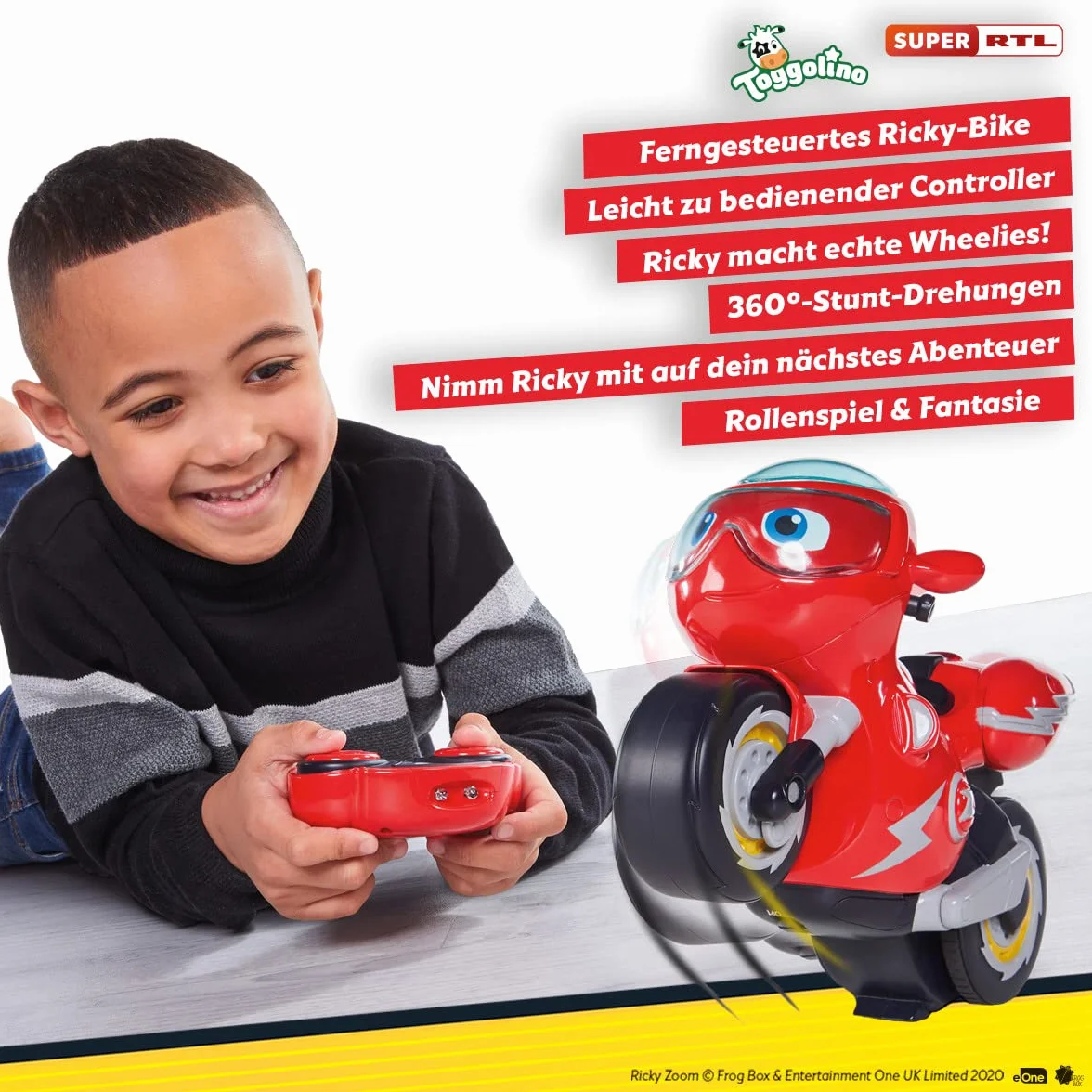 RC Turbo Trick Ricky, motocykl kaskaderski z pilotem zdalnego sterowania sprawia, że Wheelies i zapierające dech w piersiach obroty o 360 stopni, Ricky Zoom zapewnia doskonałe przygody dla