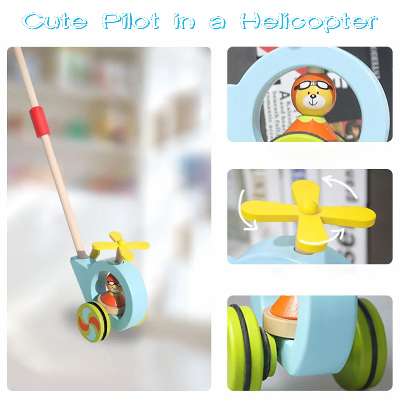 Jacootoys Drewniany Push Pull Wzdłuż Dziecka Chodzenie Helikopter Gracz Dzieci Zabawka ze zdejmowanym kijem 24 cale