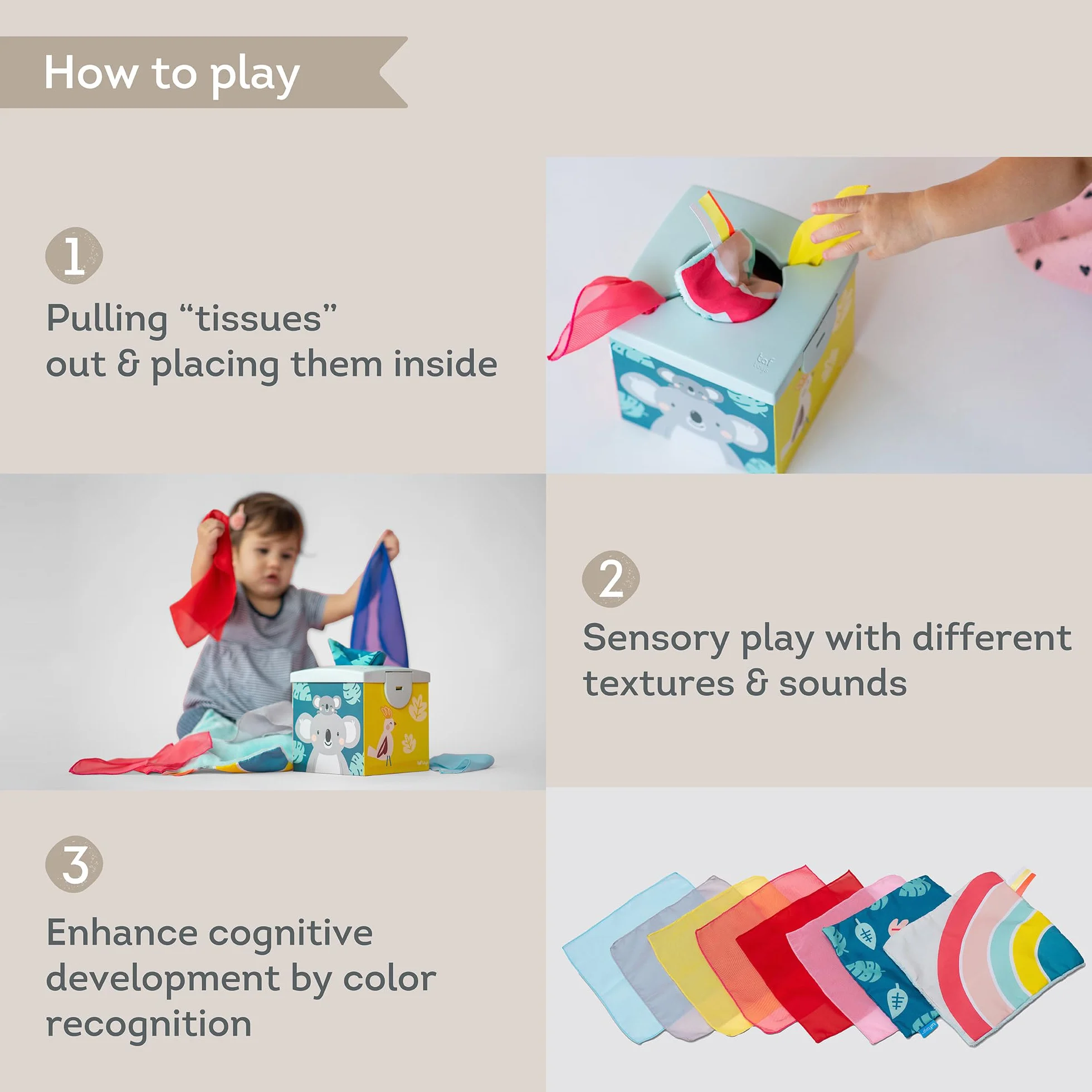 Taf Toys Sensory Wonder Tissue Box For Infants & Toddlers, Colourful Pull Scarves and Koala Daydream Crinkling Blankies For Educational Preschool Learning & Development