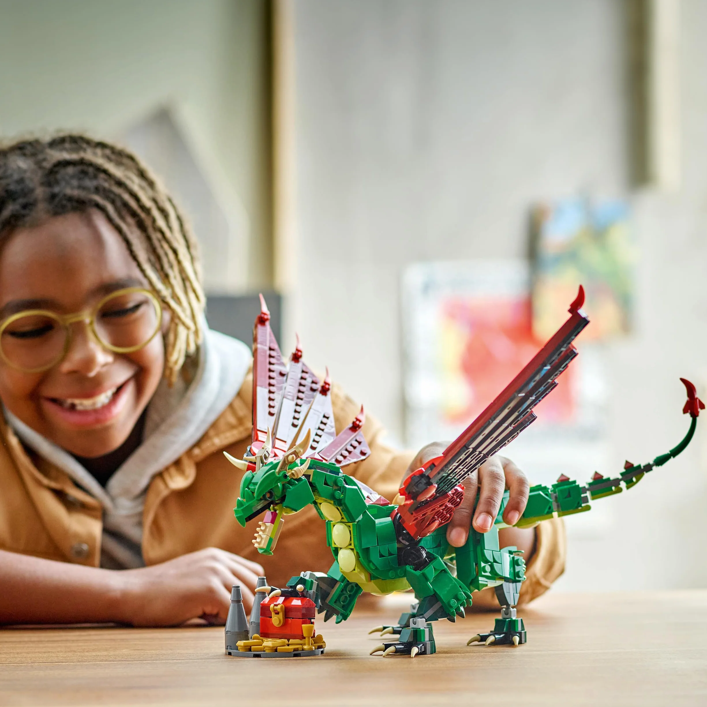 LEGO Creator 3 w 1 Średniowieczny smok, Zabawka Konstrukcyjna dla Dziecka do Przebudowania na Mityczne Stworzenia: Węża Morskiego lub Feniksa, Prezent dla 9-latka, Dziewczynki i Chłopca 31161