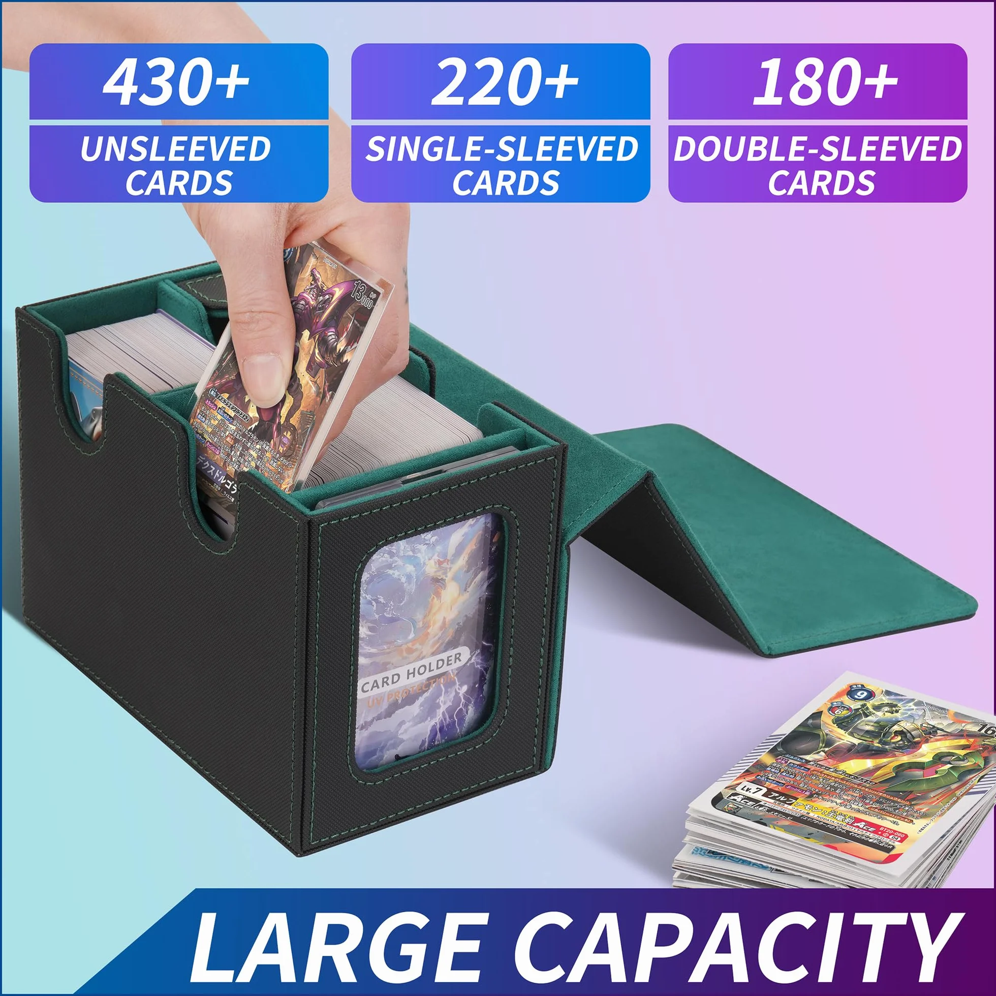 Pudełko na talię kart do MTG Commander Pokazka na 160+ podwójnie wpakowane karty z 35pt uchwytem magnetycznym na karty i tacką na kości, 7 kości