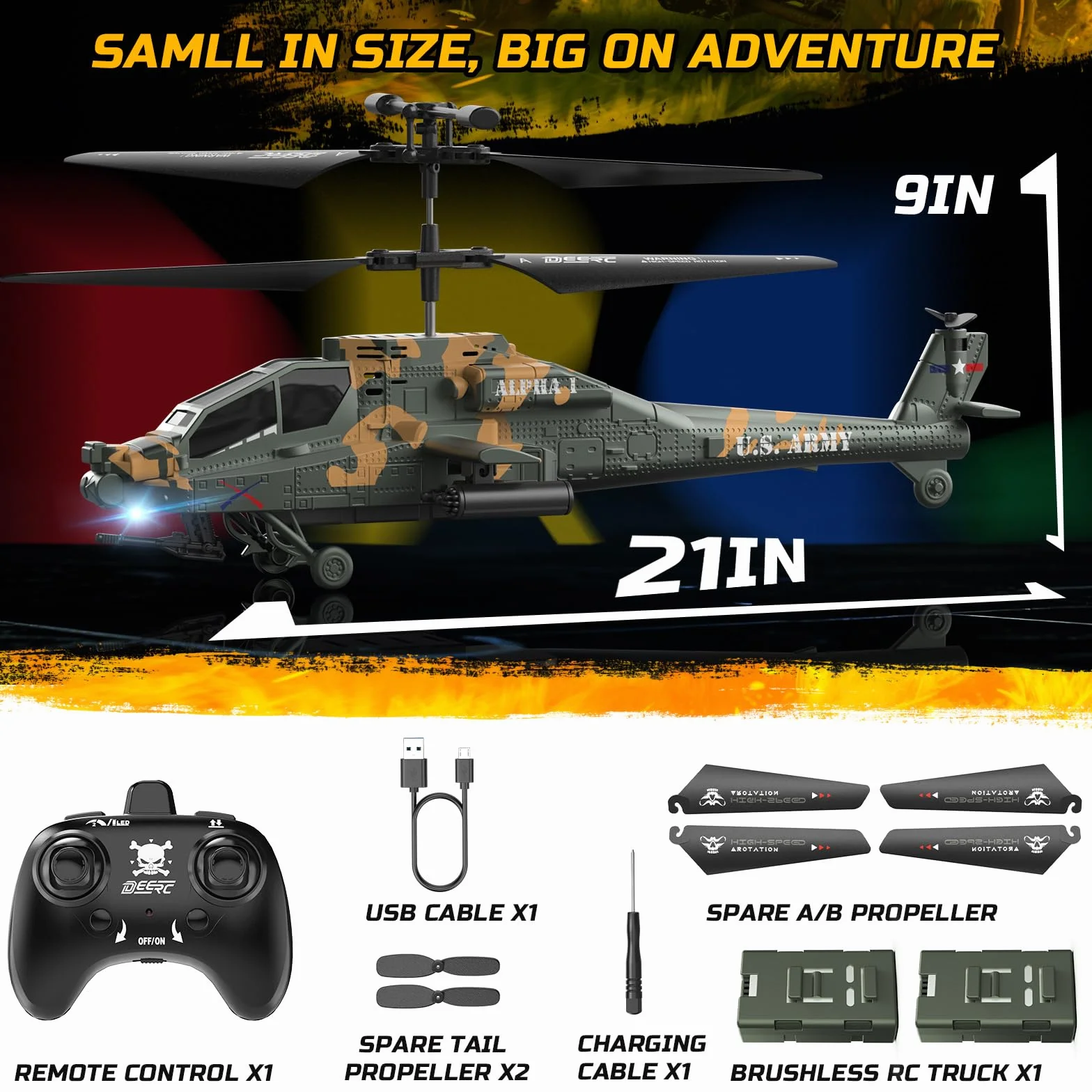 DEERC Apache Helikopter RC 2,4 GHz Wojskowy 2 Baterie 26 Minut LED