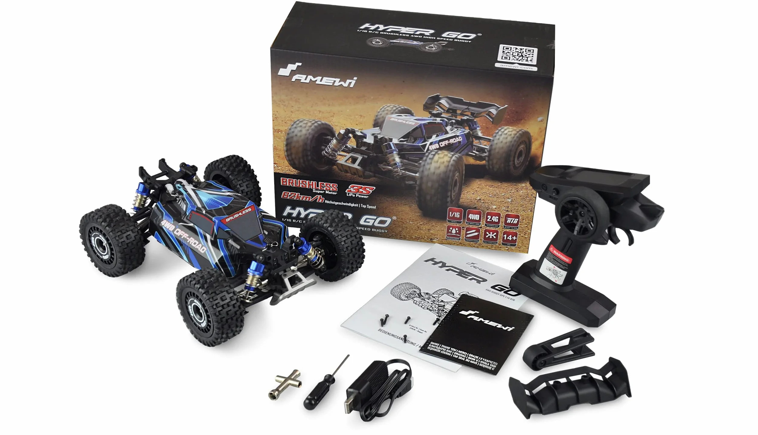 Amewi 22626 Hyper GO Buggy bezszczotkowy 3S 62km/h 4WD 1:16 RTR niebieski
