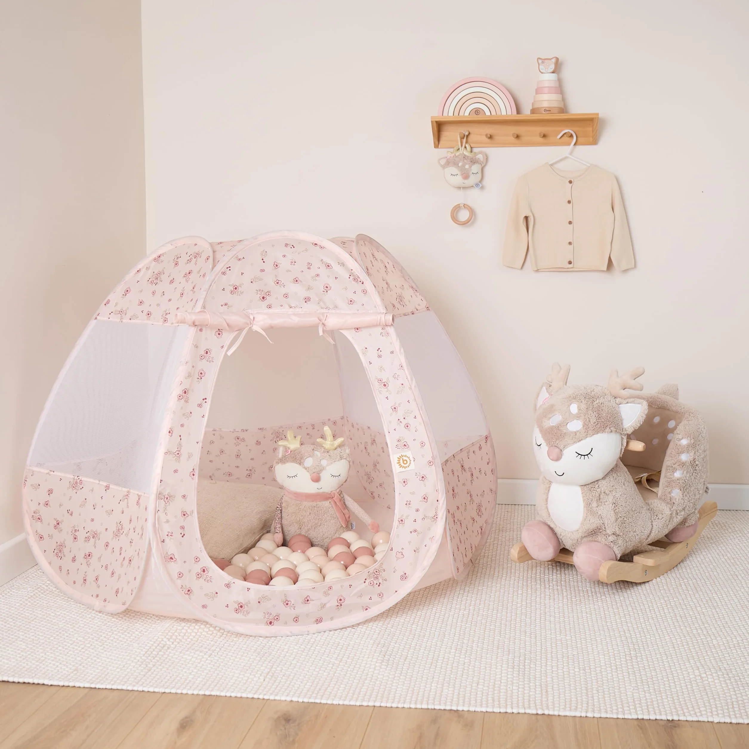 Bieco Namiot dziecięcy i basen z piłkami Pop up Dreamy Flowers z 50 piłkami | Namiot księżniczki dla dzieci | Namiot do zabawy dla dziewczynek