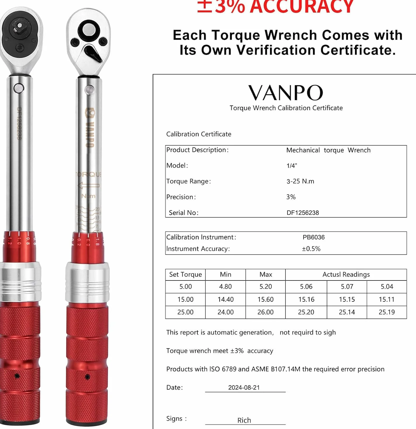 VANPO Klucz dynamometryczny 1/4", klucz dynamometryczny 5-25 Nm, wysoka dokładność ±3% z odwracalną głowicą 72T, listwa przedłużająca 10 cm, adapter 3/8", do roweru szosowego i górskiego, motocykla