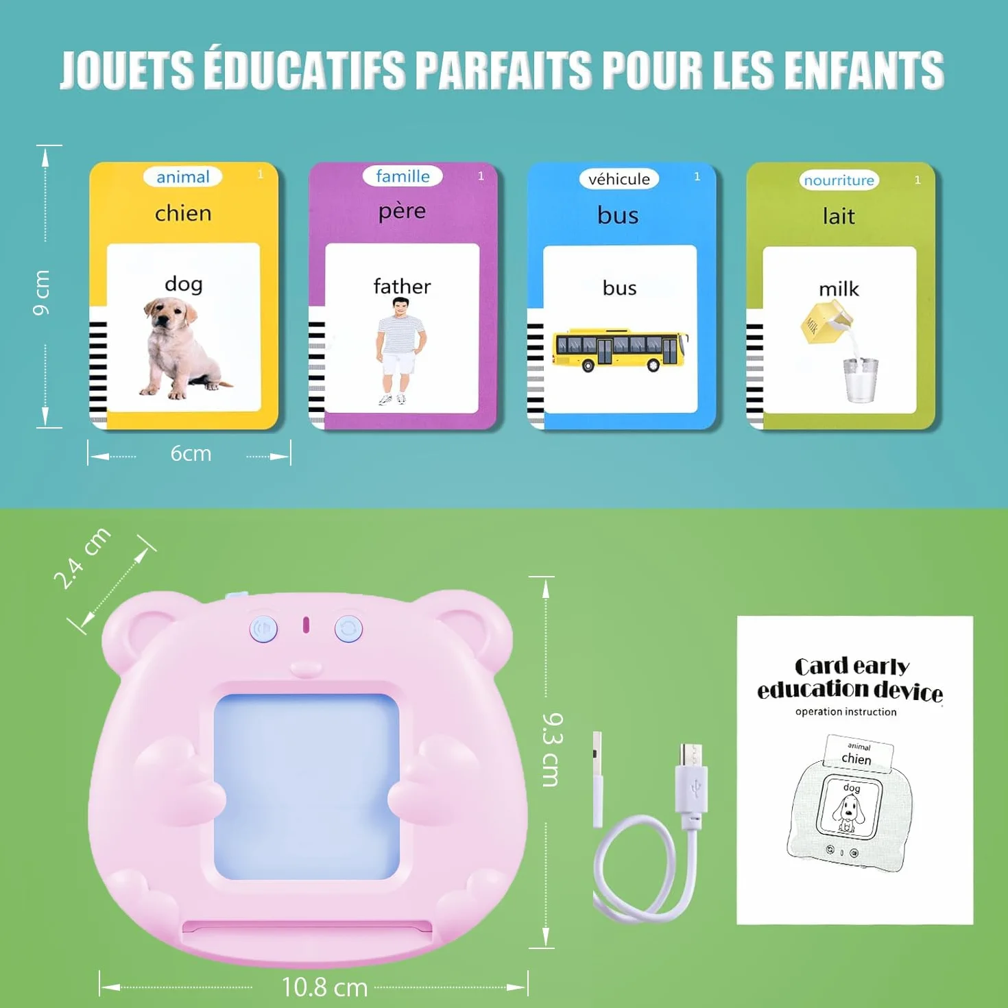 Mówiące karty flash Montessori edukacyjne dla dzieci w wieku 3 lat Rozmowa Flash Cards 112 arkuszy 224 słowa, zabawki edukacyjne do nauki mówienia, francuski/angielski/dwujęzyczny (różowy)