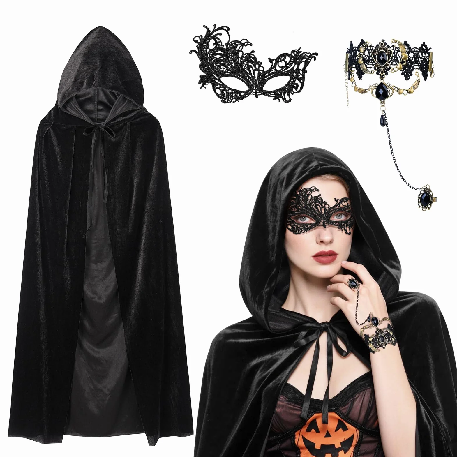 3-częściowy zestaw czarnych peleryn z kapturem, 140/150/170 cm, peleryna na Halloween, aksamitna peleryna z maską i gotyckim łańcuszkiem na palec, wampira, wampir, kostium wampira, na imprezę