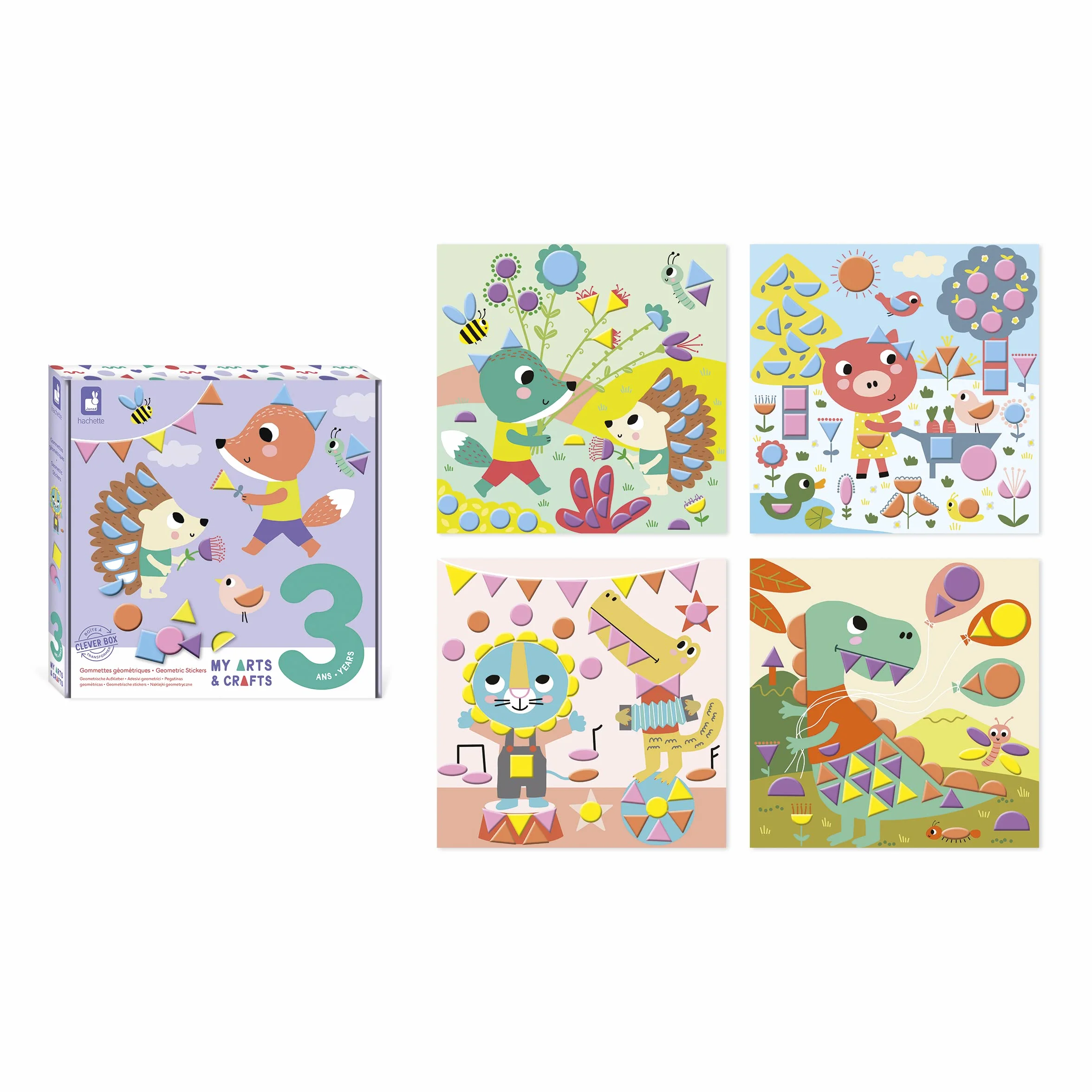 JANOD - My Arts & Crafts - Od 3 lat - Geometryczne naklejki - 4 obrazy - Zestaw do kreatywnego spędzania wolnego czasu dla dzieci - Nauka umiejętności motorycznych i koncentracji - J07740