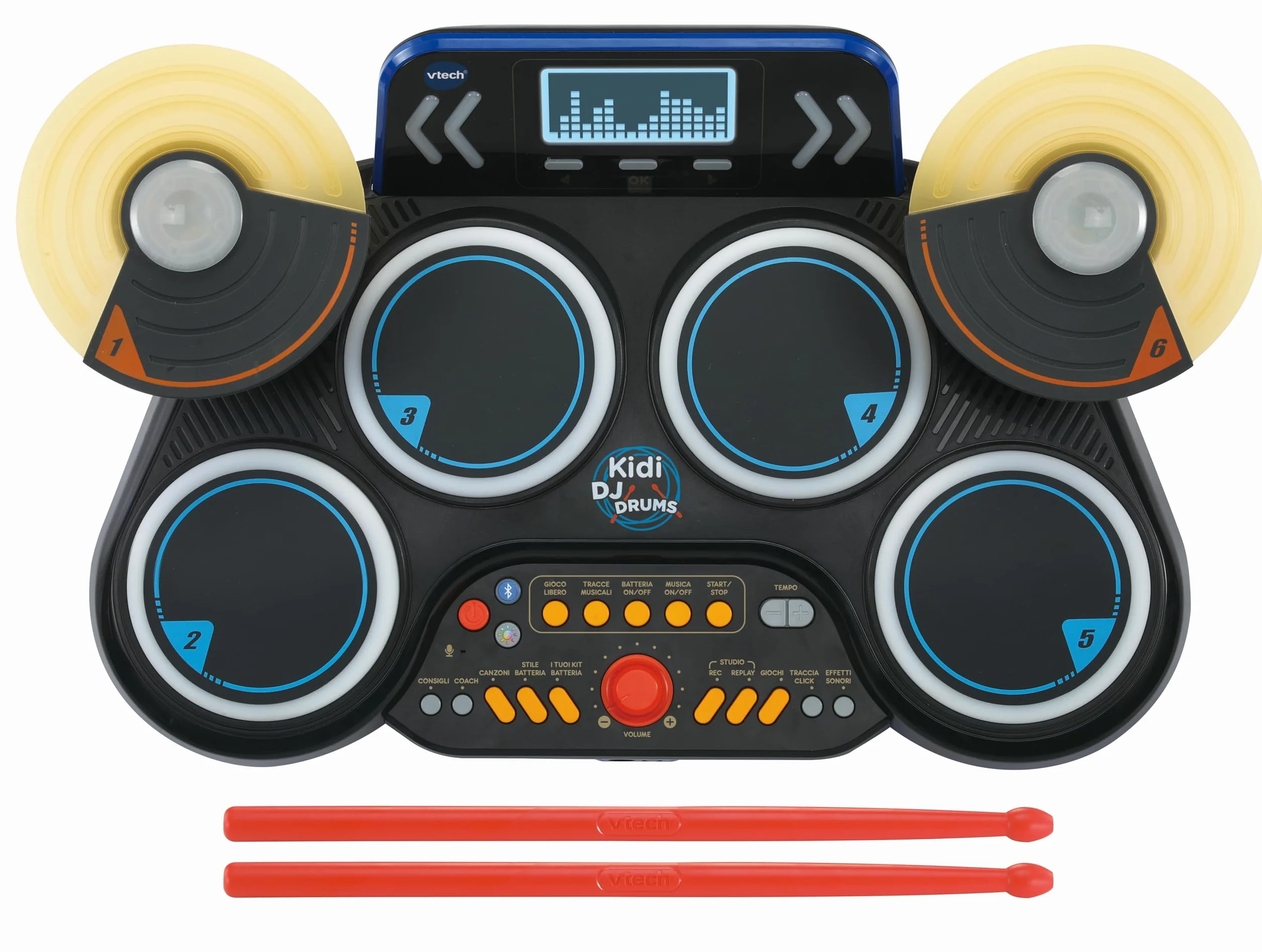VTech Kidi DJ Drums, elektroniczny akumulator dla dzieci z podkładkami świecącymi, grami muzycznymi, trybem Bluetooth i wbudowanym mikrofonem, pałeczkami w zestawie, język włoski, baterie w zestawie,