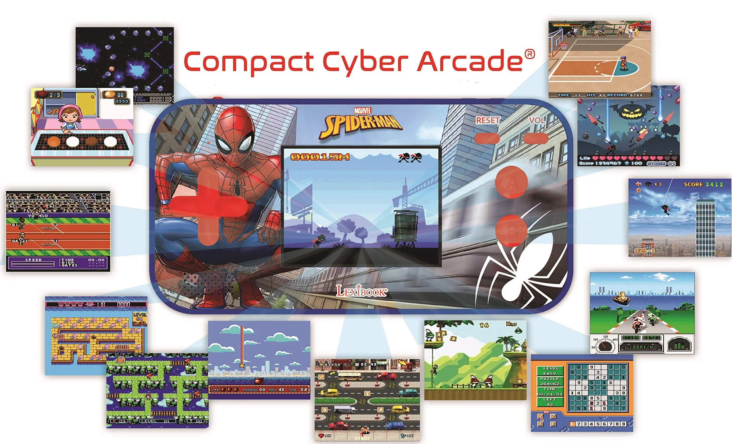 Lexibook JL2367SP Spider-Man Marvel Peter Parker Compact Cyber Arcade, Przenośna Konsola, 150 Gier, Kolorowy Ekran LCD, Zasilanie Bateryjne, Niebieska, Czarna
