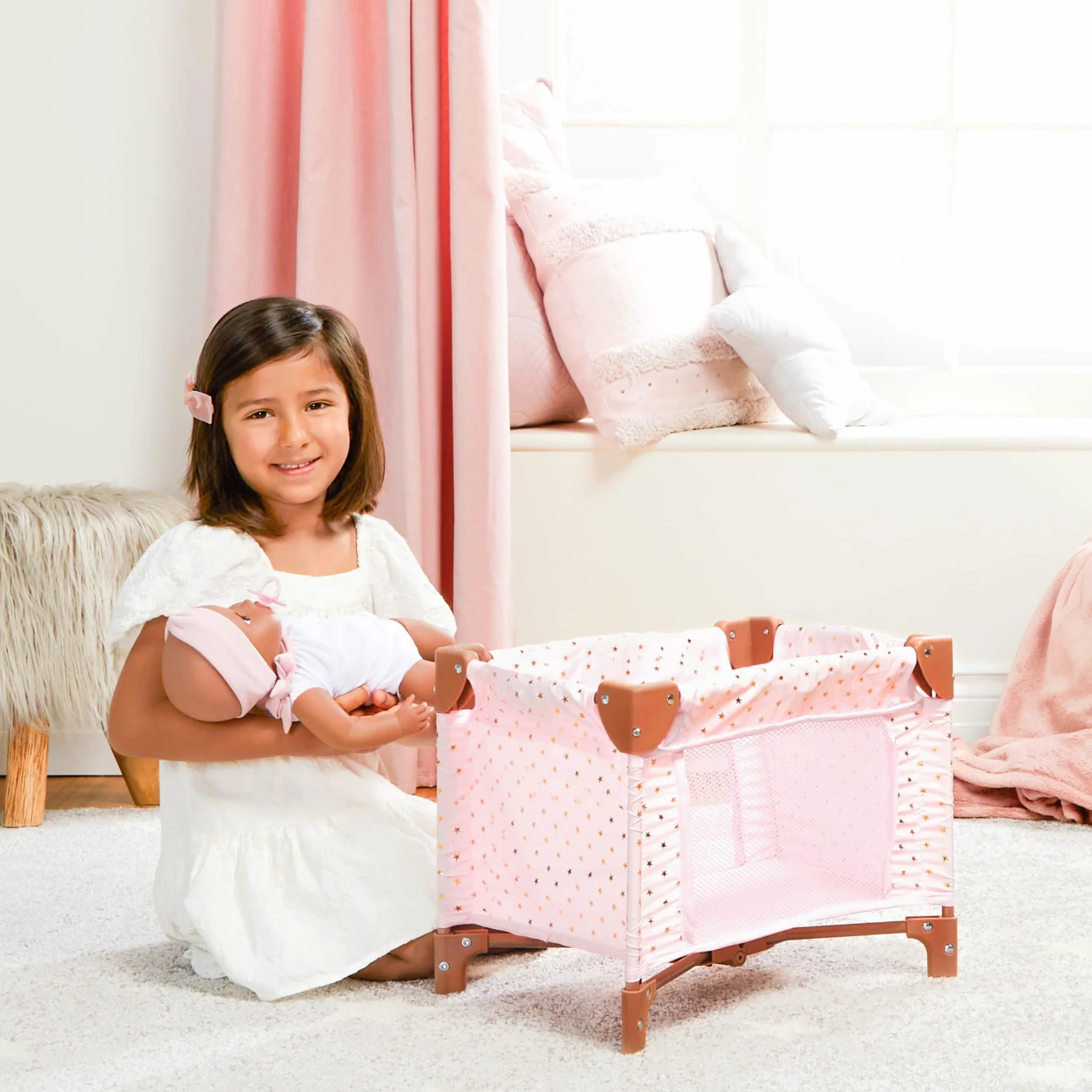 LullaBaby Składany kojec – różowe łóżeczko – gwiazda – nadruk – 35 cm akcesorium do pokoju dziecięcego dla lalek – zabawa w udawanie – kojec dla dzieci od 2 roku życia