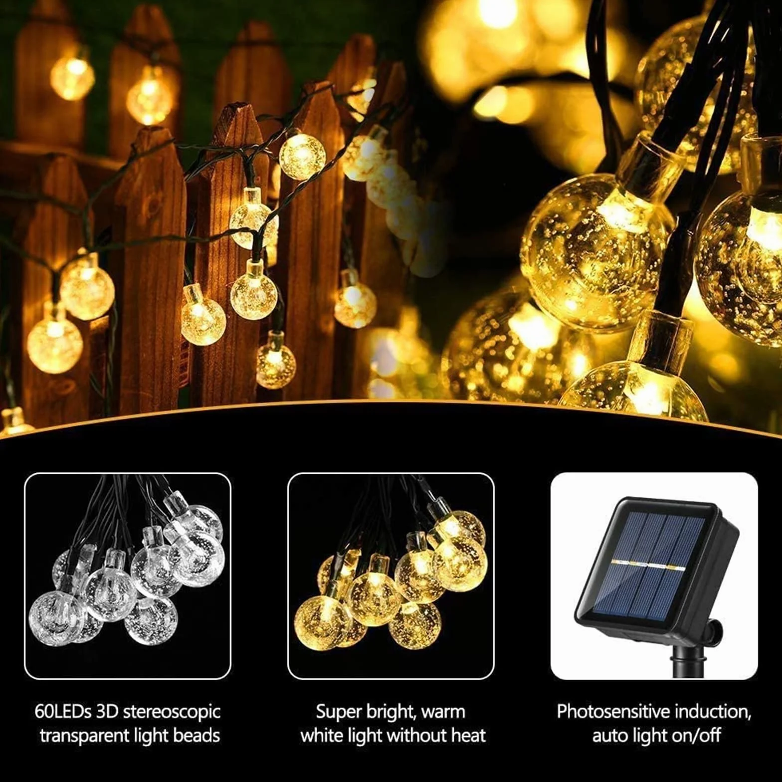 Moxled Girlandy Solar Outdoor Lights, 11M 60 LED Solar Lights Waterproof, 8 Modes Indoor and Outdoor Solar Lights Chain for Garden, Patio, Party (Warm White)