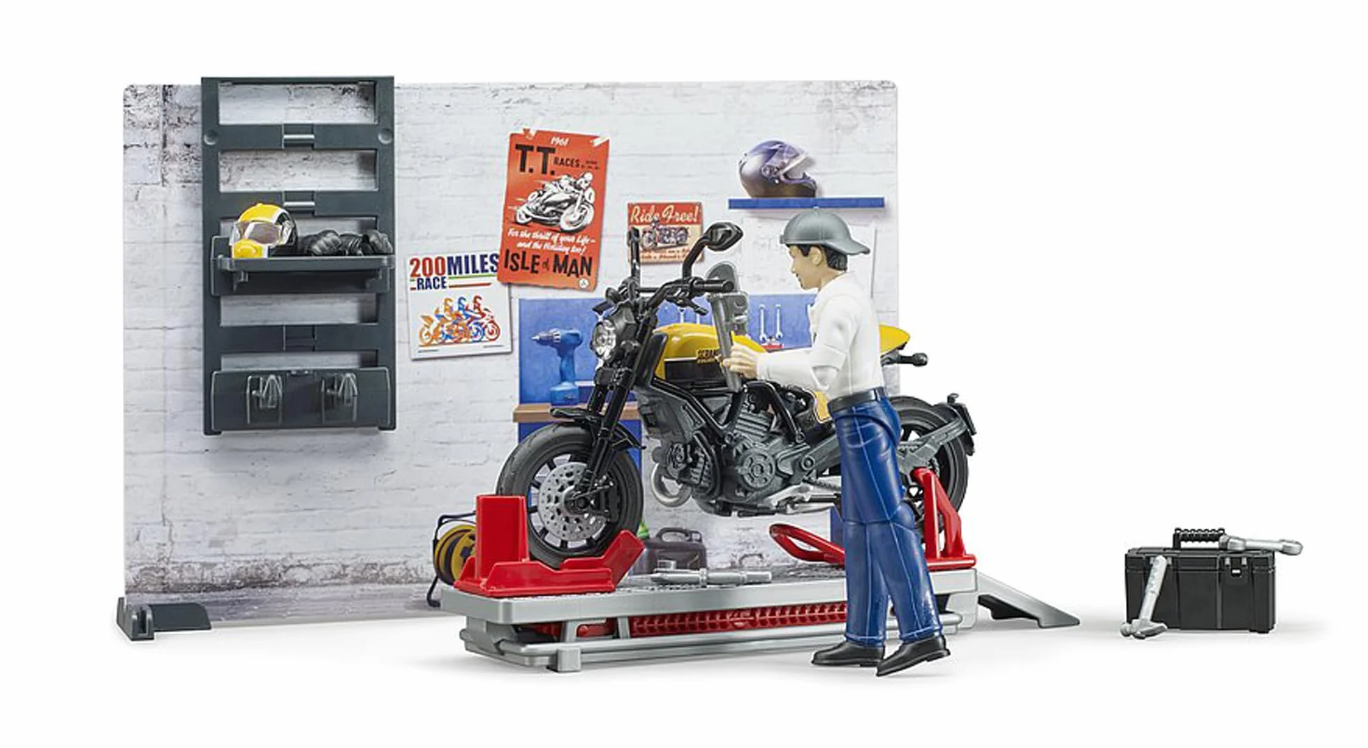 bruder 62102 - bworld warsztat motocyklowy Scrambler Ducati Full Throttle z mechanikiem, warsztat, zabawkowa figurka