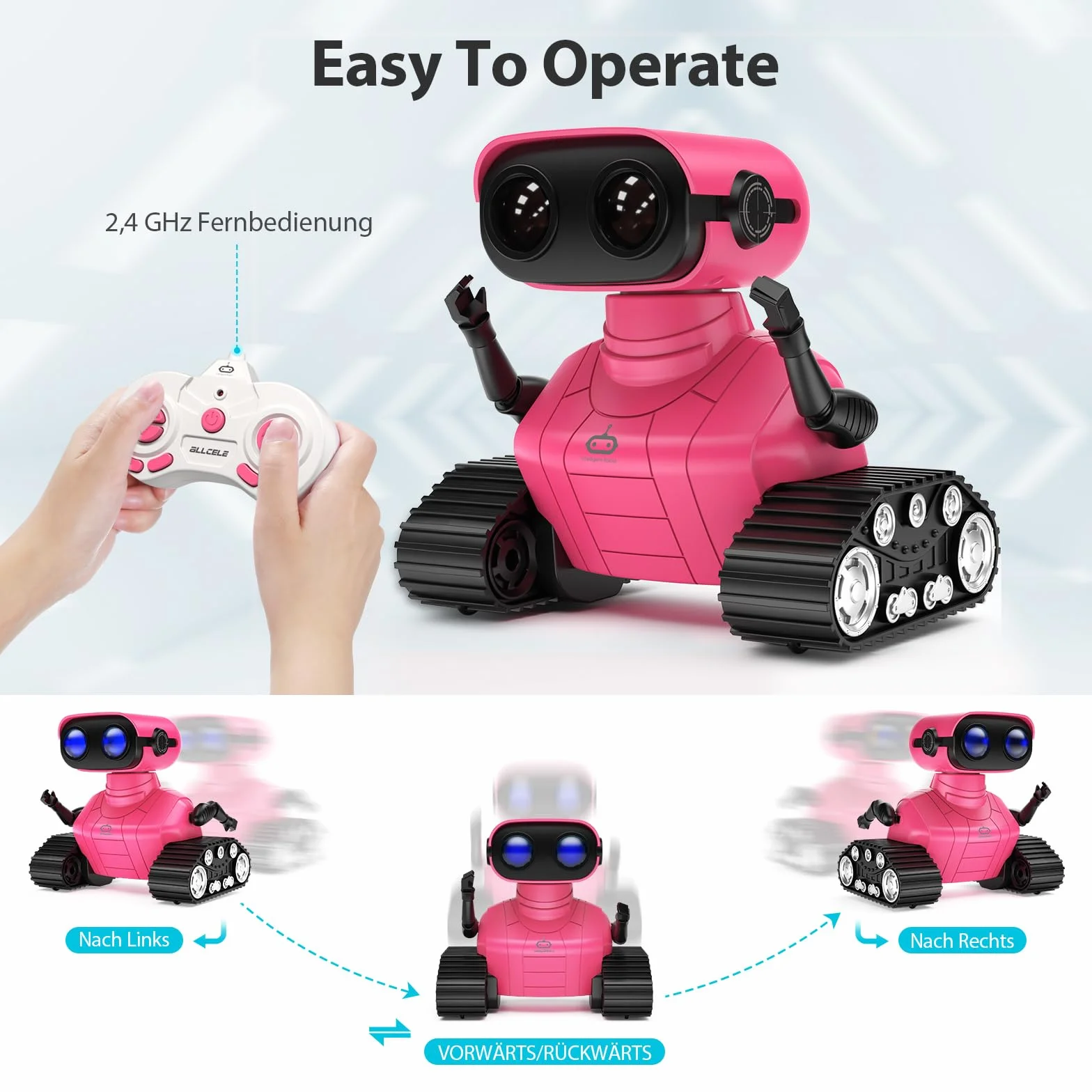 ALLCELE Robot zabawka dla dziewczynek, zabawka RC z pilotem zdalnego sterowania, słodki wygląd, interesująca muzyka, oczy LED i elastyczne ramiona, idealny prezent na Boże Narodzenie dla dzieci 3+