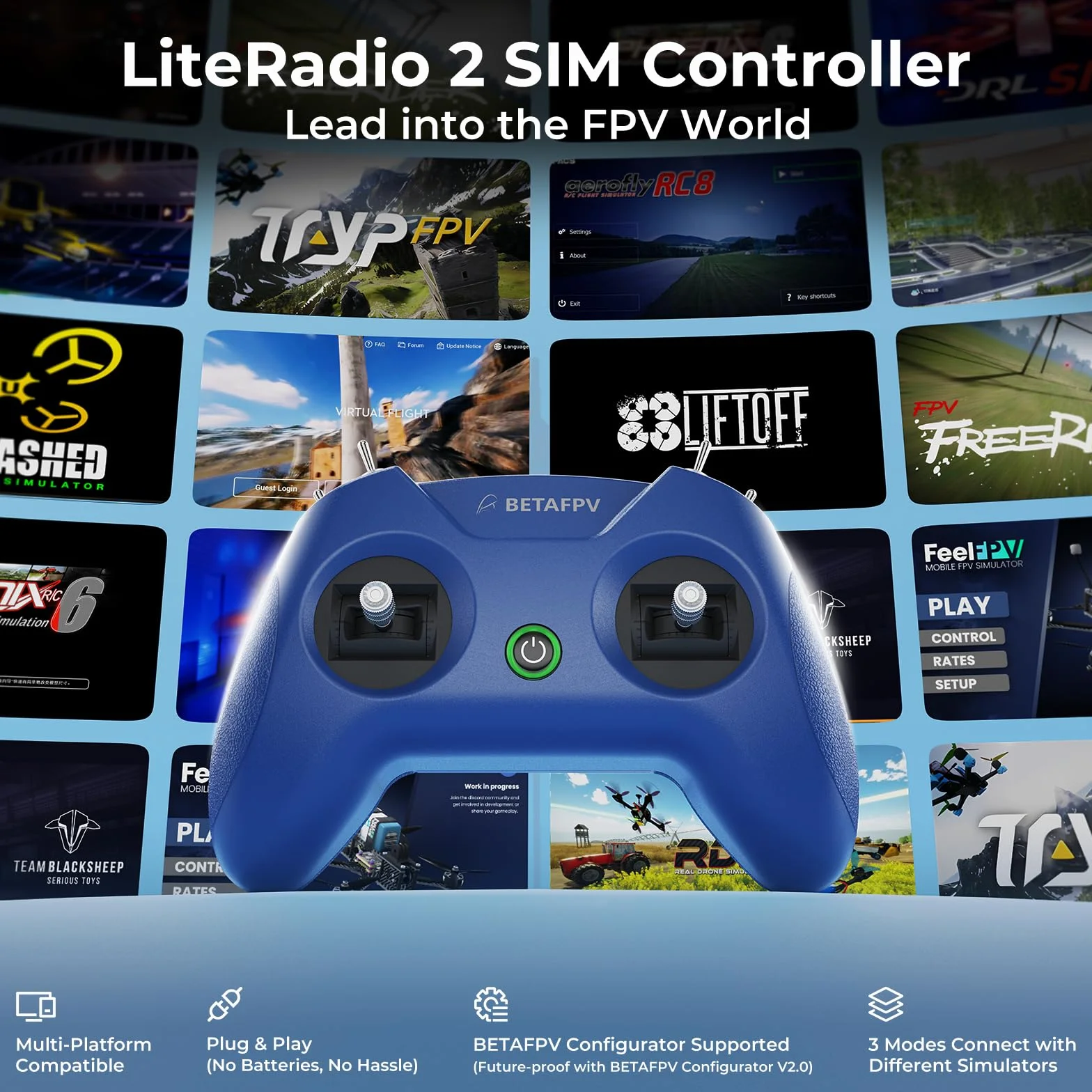 BETAFPV LiteRadio 2 SIM Drone Flight Simulator Controller for FPV Beginner Pilots Training, Support Most Systems Platforms like DRL/Uncrashed/VelociDrone/Phoenix RC/TryP/Aerofly RC 8 - Mode 2/Blue