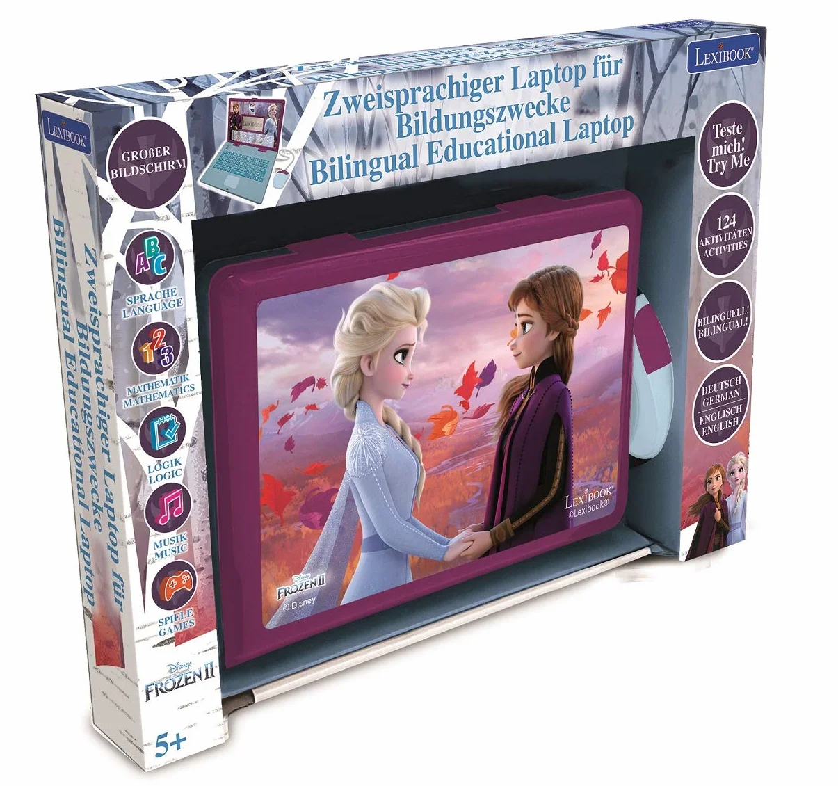 Lexibook - Disney Frozen 2 Edukacyjny i Dwujęzyczny Laptop Niemiecki/Angielski Zabawka z 124 Aktywnościami do Nauki Grania w Gry i Muzyki, Niebieski/Fioletowy, JC598FZi3