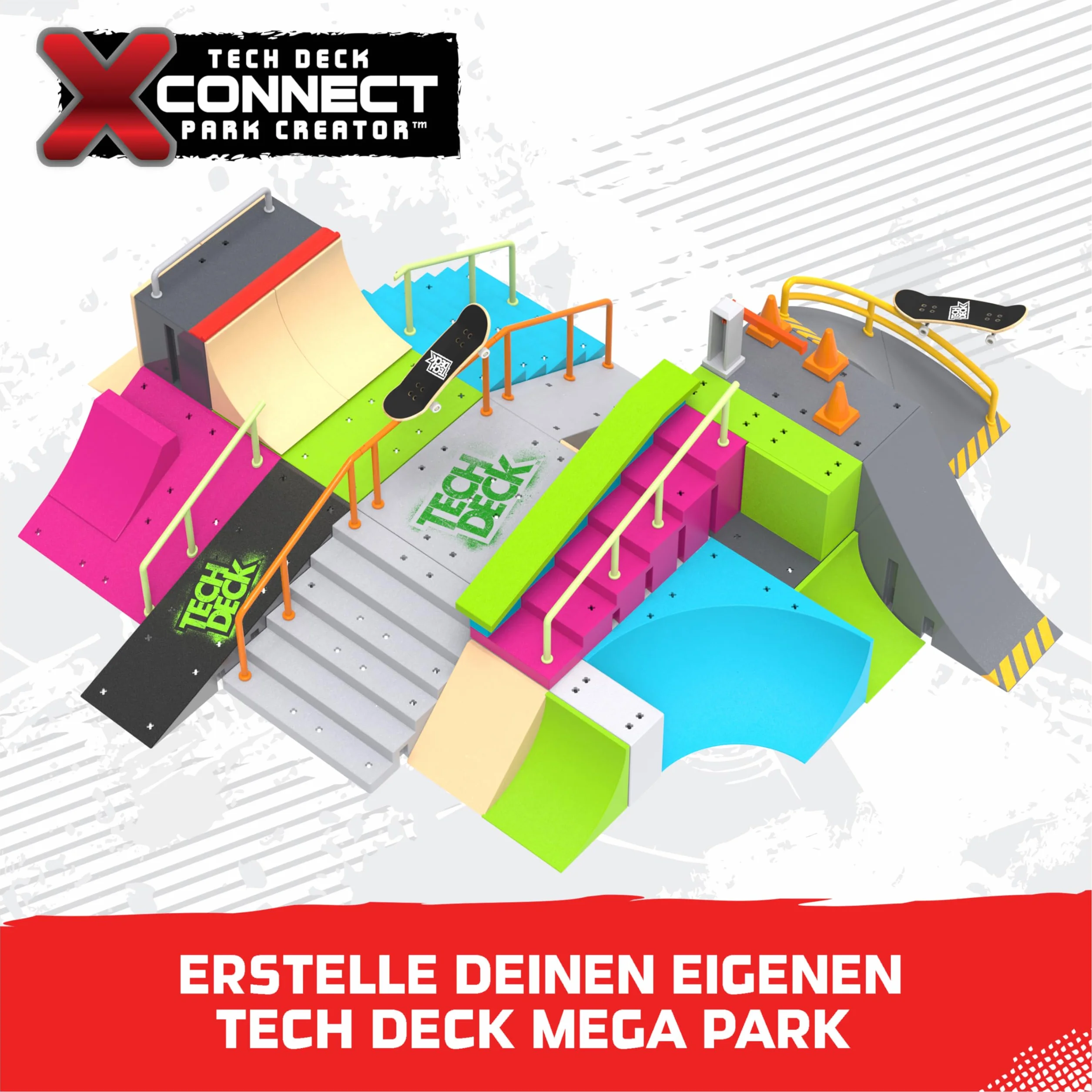 Tech Deck, Neon Mega Park X-Connect Creator, Glow-In-The-Dark zestaw ramp z dwoma palcami, zabawka dla dzieci w wieku 6 lat i więcej