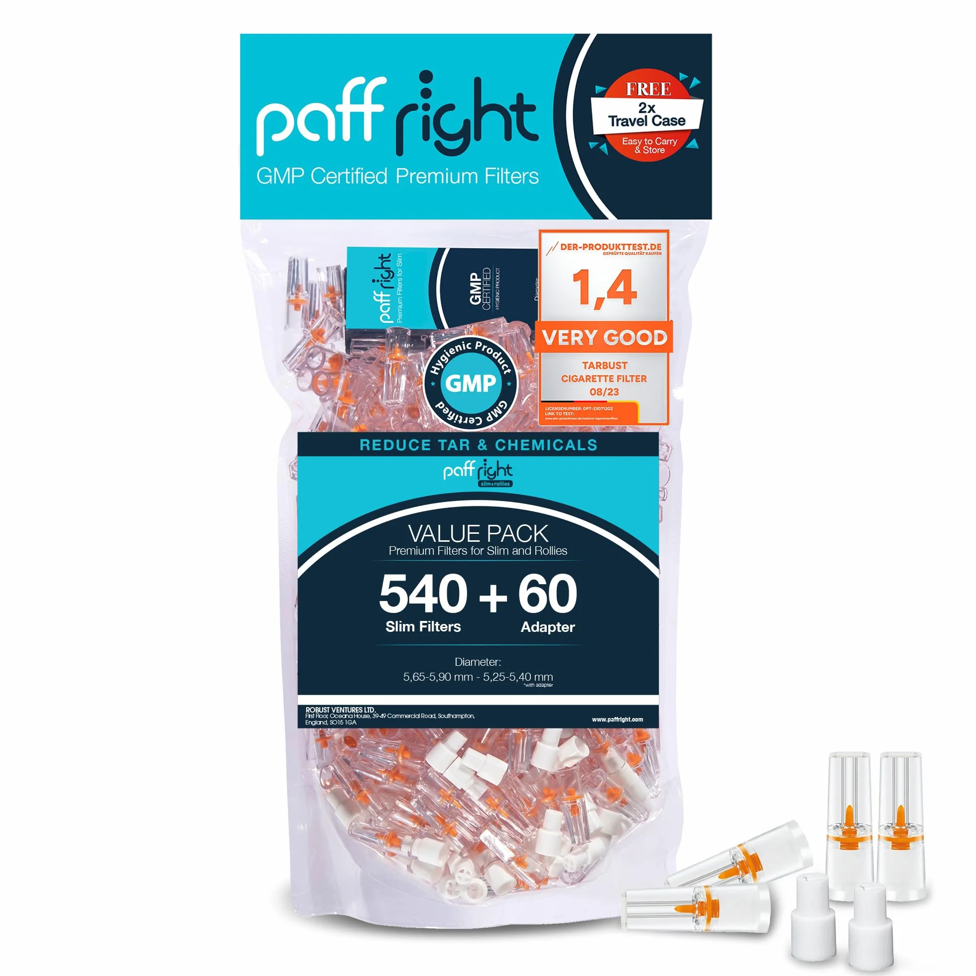 Paffright Slim 540+60 filtrów do papierosów, filtr antysmolisty, plastikowy filtr 5,25 mm - 6 mm, ustnik do papierosów slim