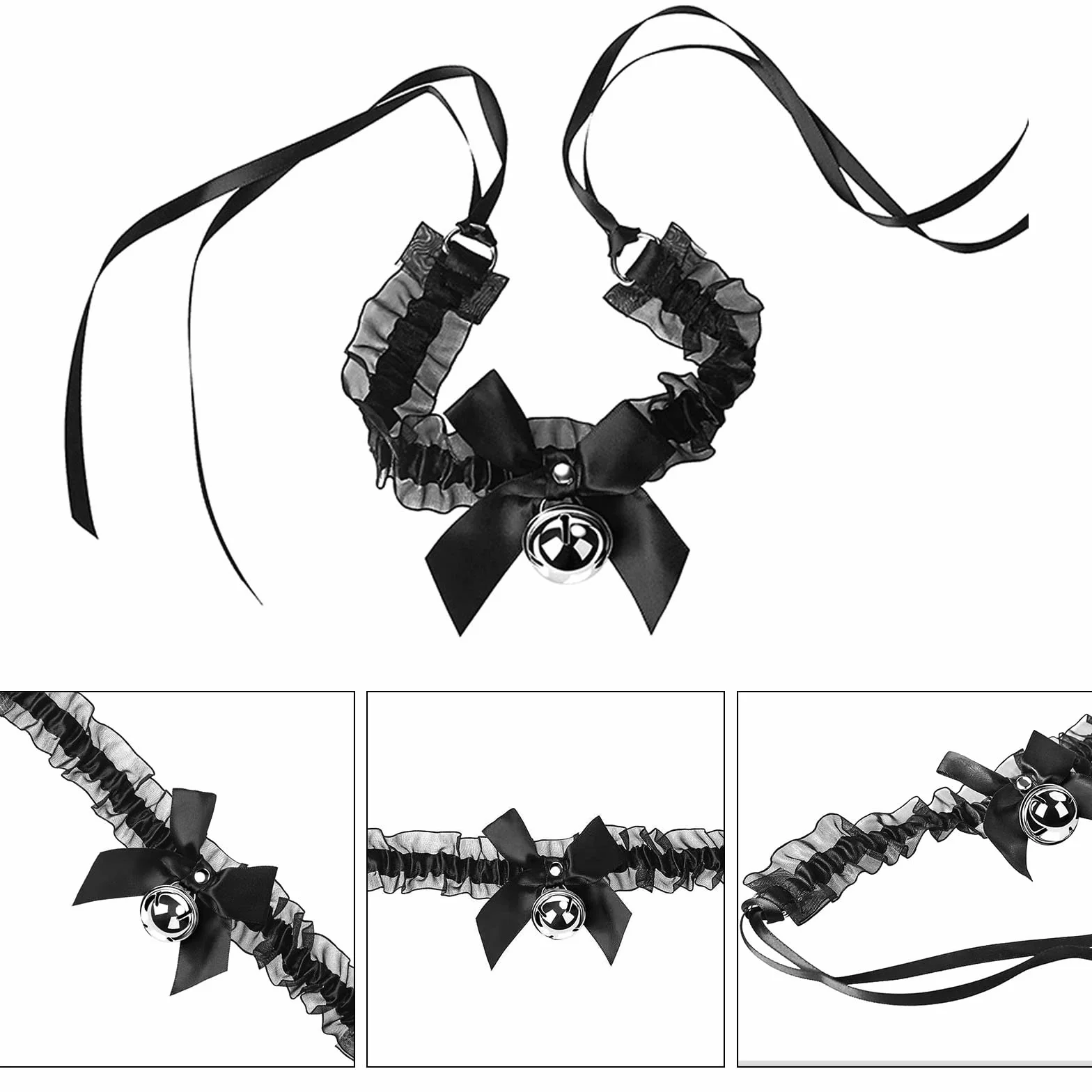 Opaska do włosów z kocimi uszami, opaska na włosy, opaska na czoło, dzwoneczek, naszyjnik ze skóry PU, punk, choker, naszyjniki, koło, ozdoba do włosów na imprezę, do kostiumu, 3 sztuki, czarny, jeden rozmiar