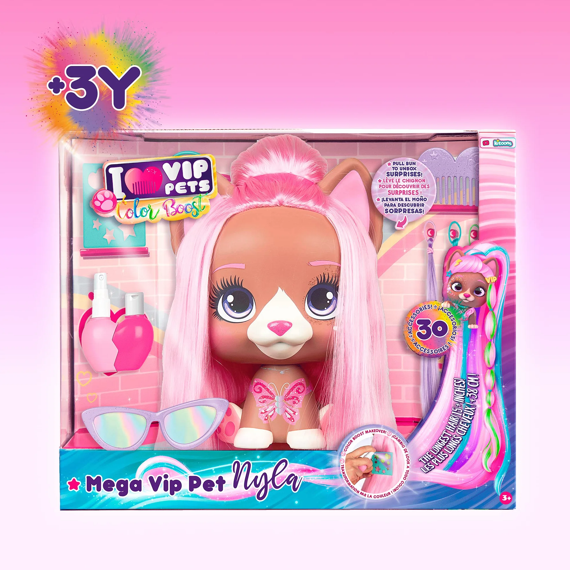 VIP PETS Mega Pet Nyla | Styling Head lalka z bardzo długimi włosami; łatwa do czesania i stylizacji; z 30 akcesoriami do Color Boost Look | nadaje się dla dzieci od 3 lat