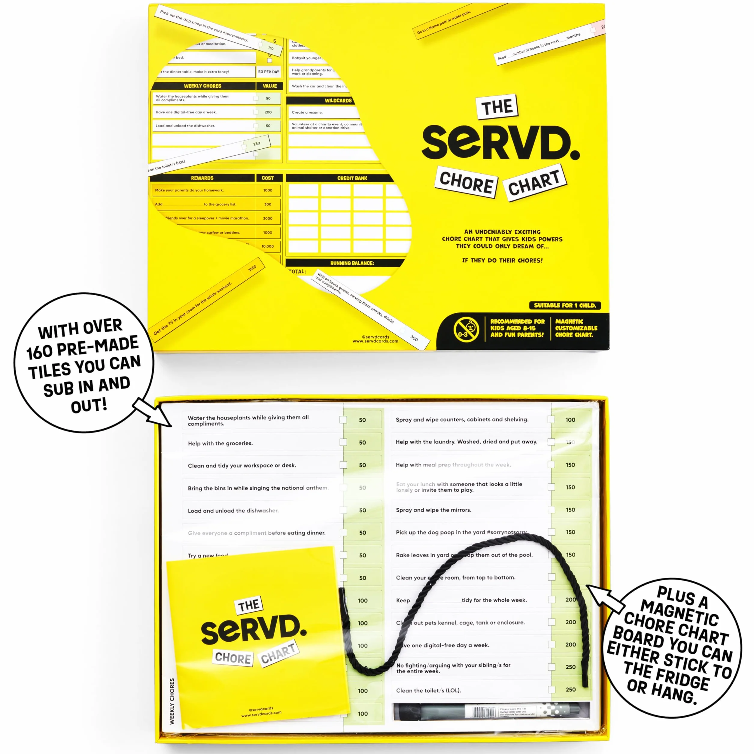 SERVD Chore Chart - Chores, Gamified. Magnetyczny, regulowany wykres zadań dla 1 gracza, wiek 6-12 lat