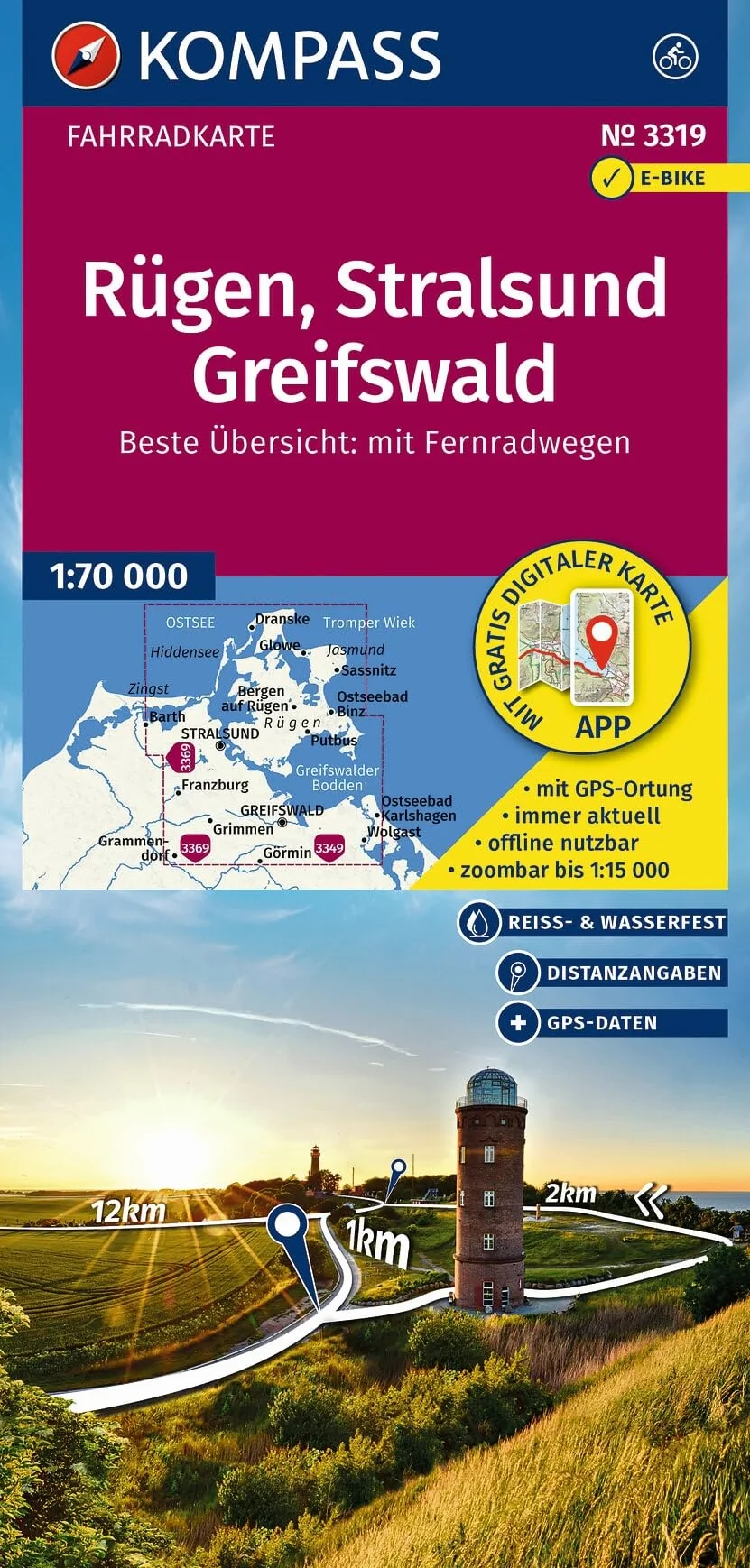 KOMPASS Fahrradkarte 3319 Rügen, Stralsund, Greifswald 1:70.000: reiß- und wetterfest