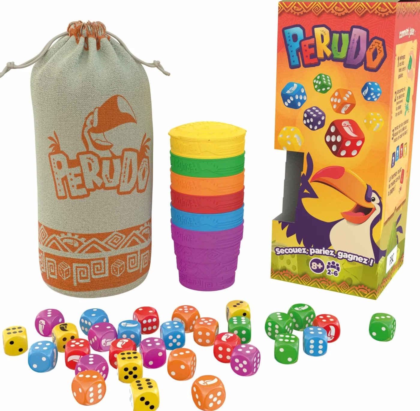 Asmodee - PERUDO (nowa wersja) - Ambiance gra planszowa dla dorosłych i dzieci od 8 lat - potrząśnij, rozmawiaj, wygrywaj - Gra w kości i Bluff - 2-6 graczy - 30 min - wersja francuska